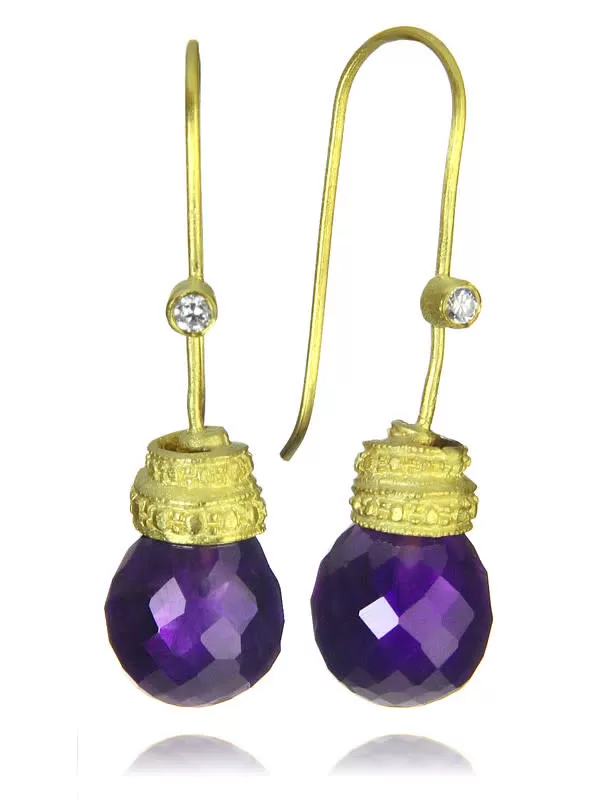 18K Gold Plated Jaipuri Mogul Quartz Drop Earrings Amethyst