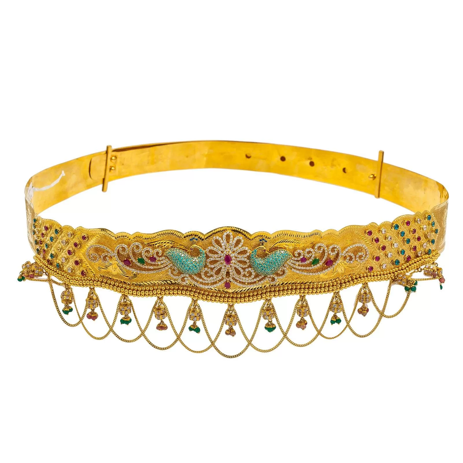 22K Yellow Gold Vaddanam Waist Belt W/ Ruby, Emerald, Sapphire, CZ Gems & Paisley Peacock Chandelier Design