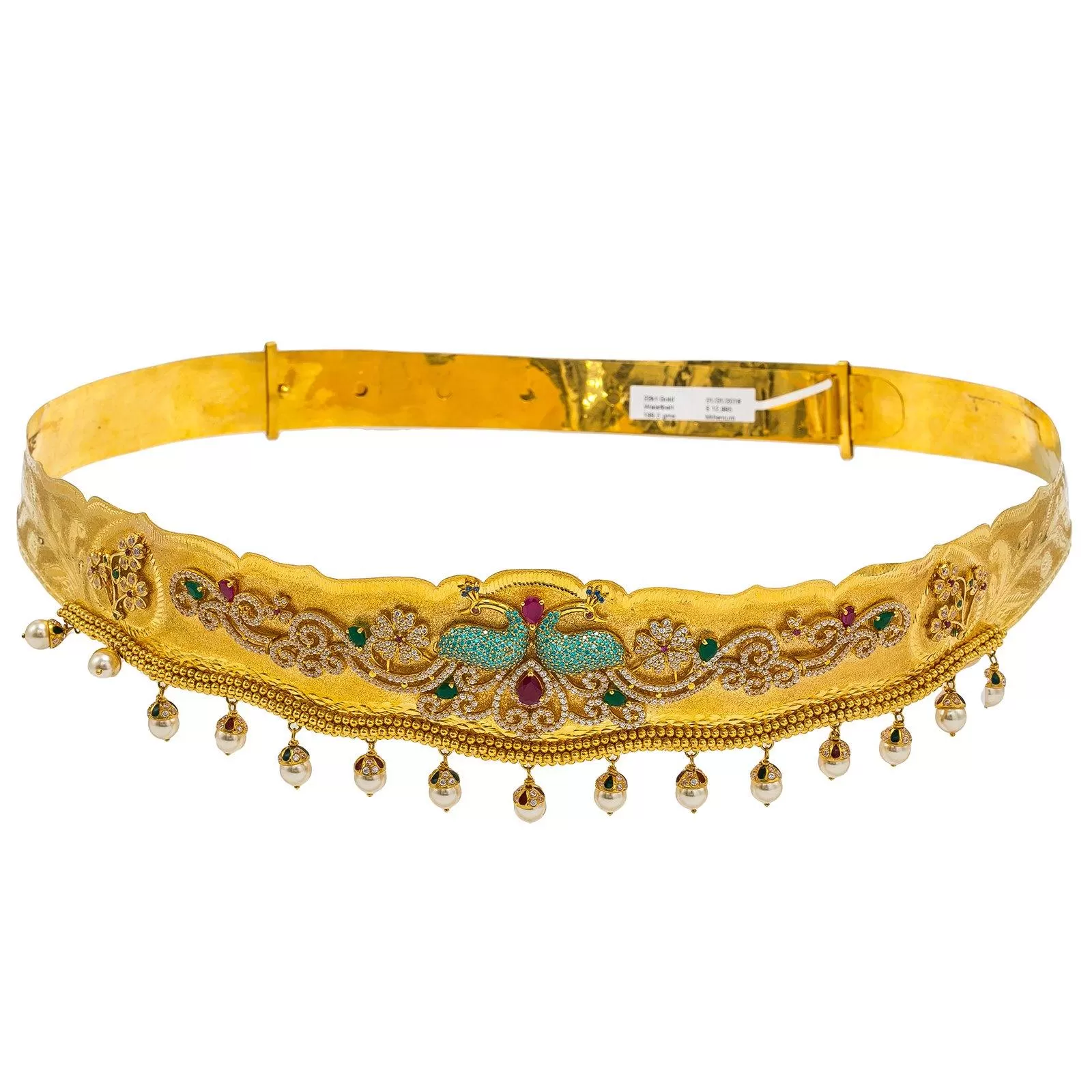 22K Yellow Gold Vaddanam Waist Belt W/ Ruby, Emerald, Sapphire, CZ Gems, Hanging Pearls & Paisley Mirror Peacocks