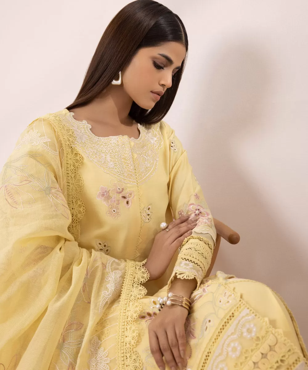 3 Piece - Embroidered Cotton Satin Suit