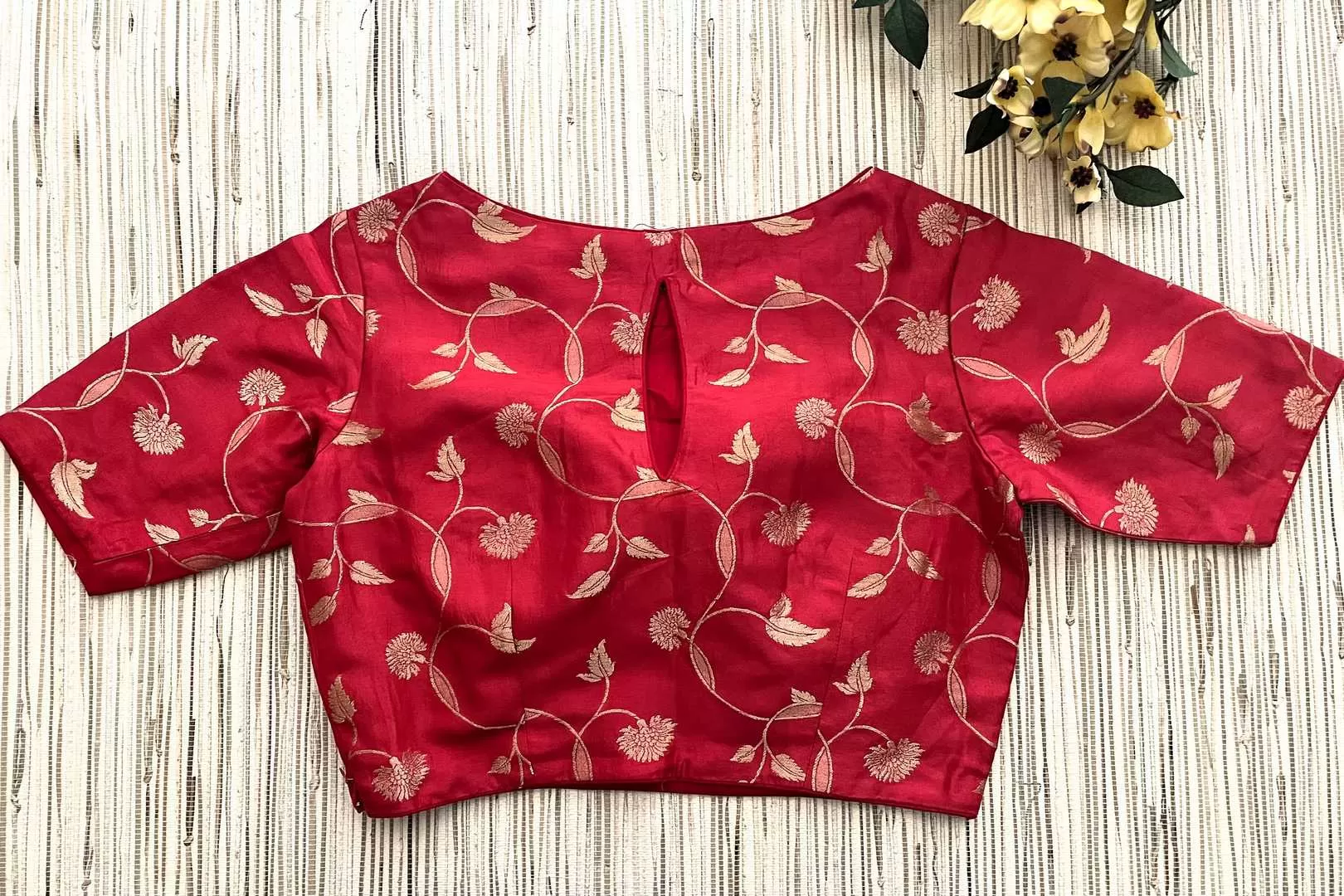 42A008 Red Banarasi Blouse With Boat Neckline