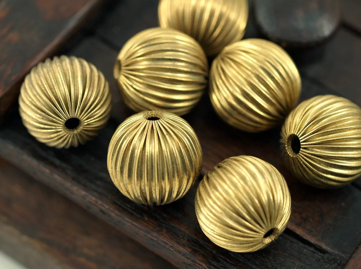 5 Vintage Raw Brass Crimped Textured 16mm Round Hollow Beads Y244