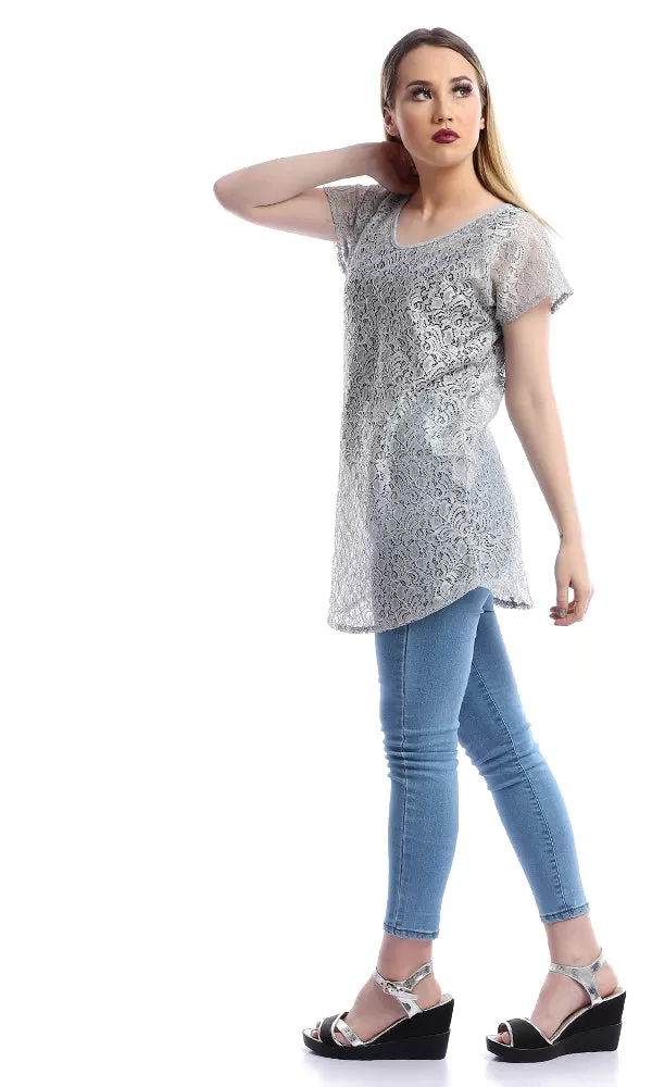 54042 Backless Lace Light Grey With Short Sleeves Top