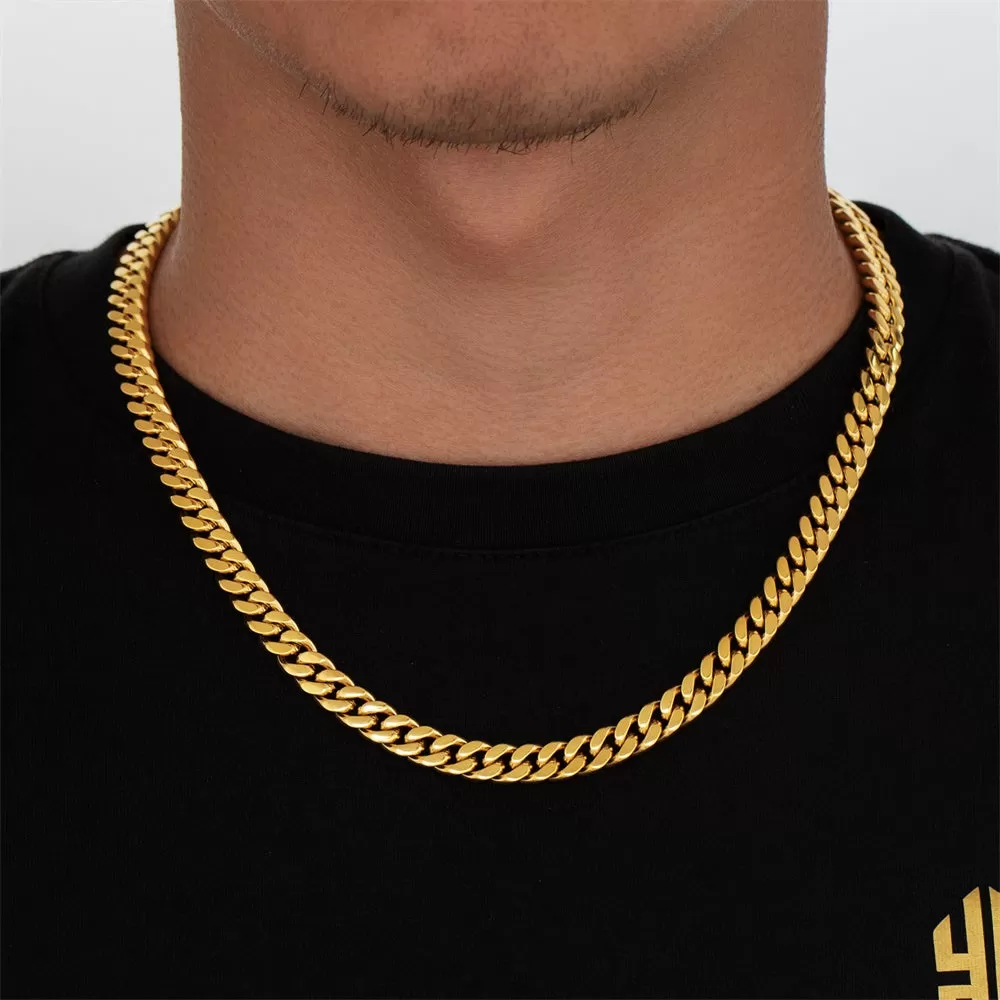 8mm/12mm/14mm Miami Cuban Link Chain with Push Button Clasp in 18K Gold / White Gold