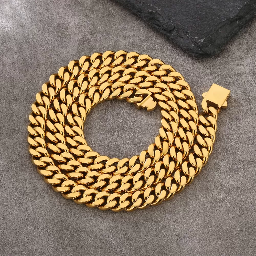 8mm/12mm/14mm Miami Cuban Link Chain with Push Button Clasp in 18K Gold / White Gold