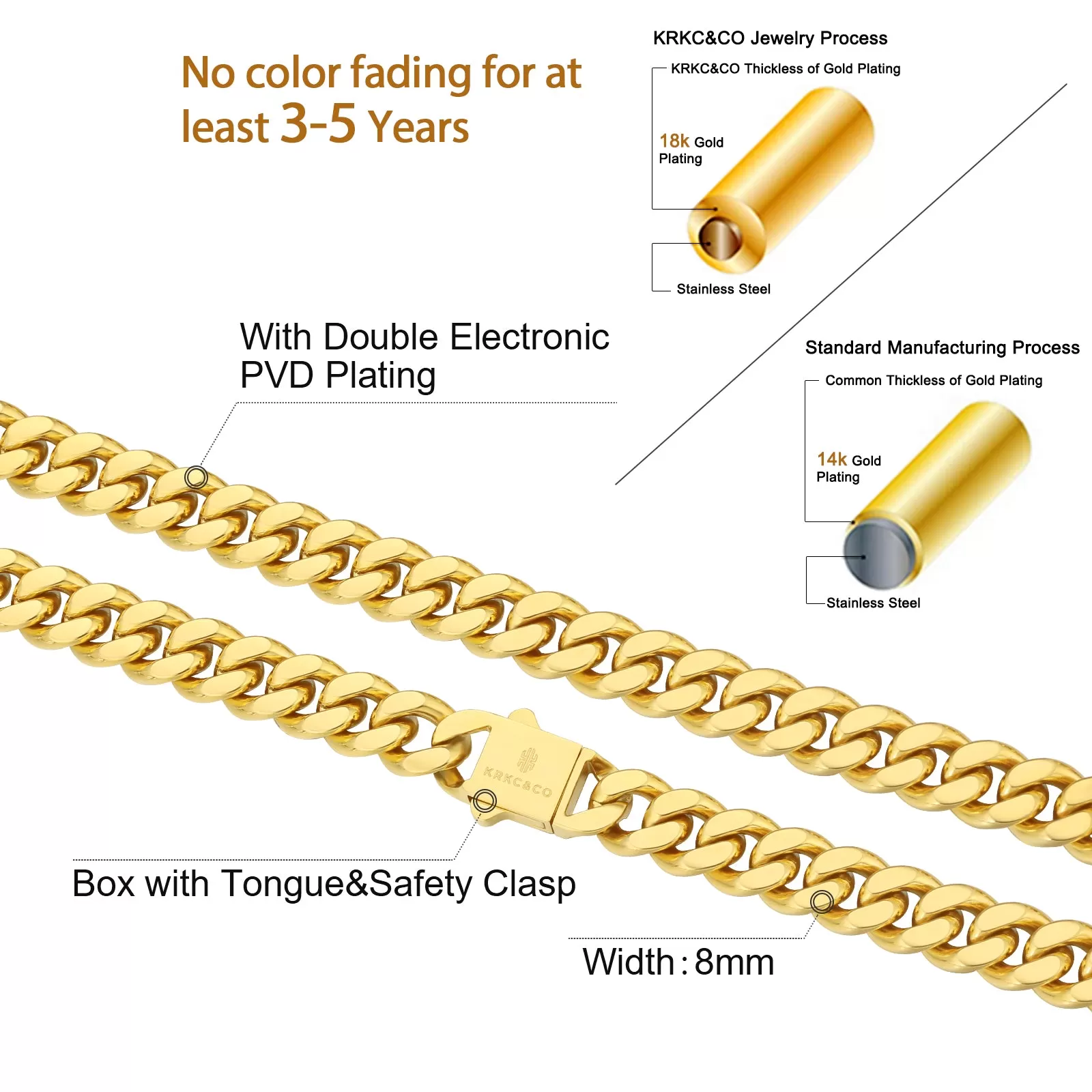 8mm/12mm/14mm Miami Cuban Link Chain with Push Button Clasp in 18K Gold / White Gold