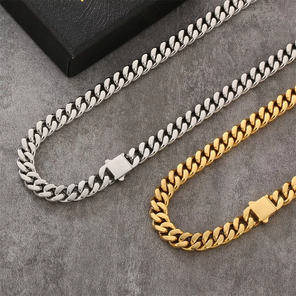 8mm/12mm/14mm Miami Cuban Link Chain with Push Button Clasp in 18K Gold / White Gold