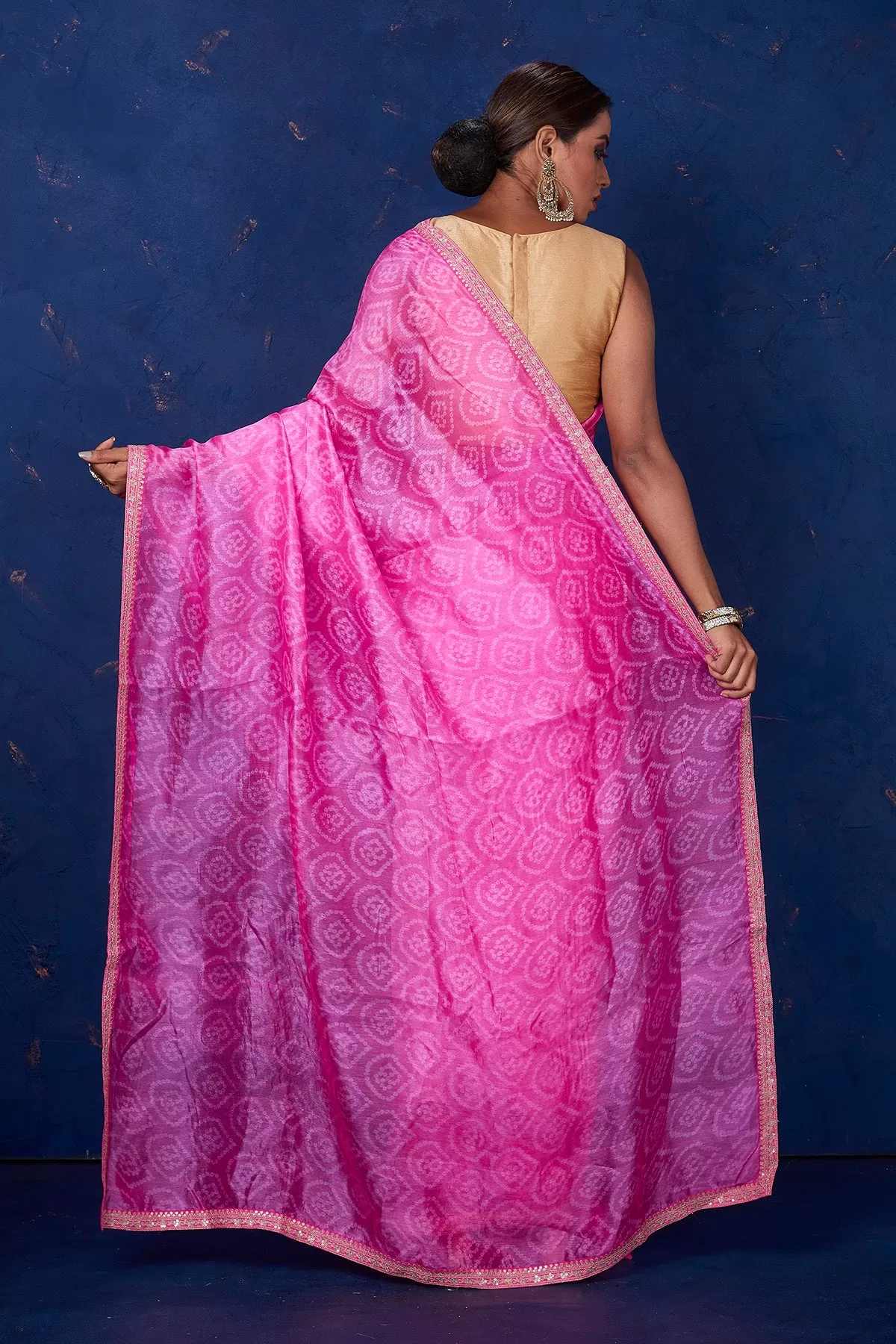 90M168 Light Pink Embroidered Bandhej Organza Saree