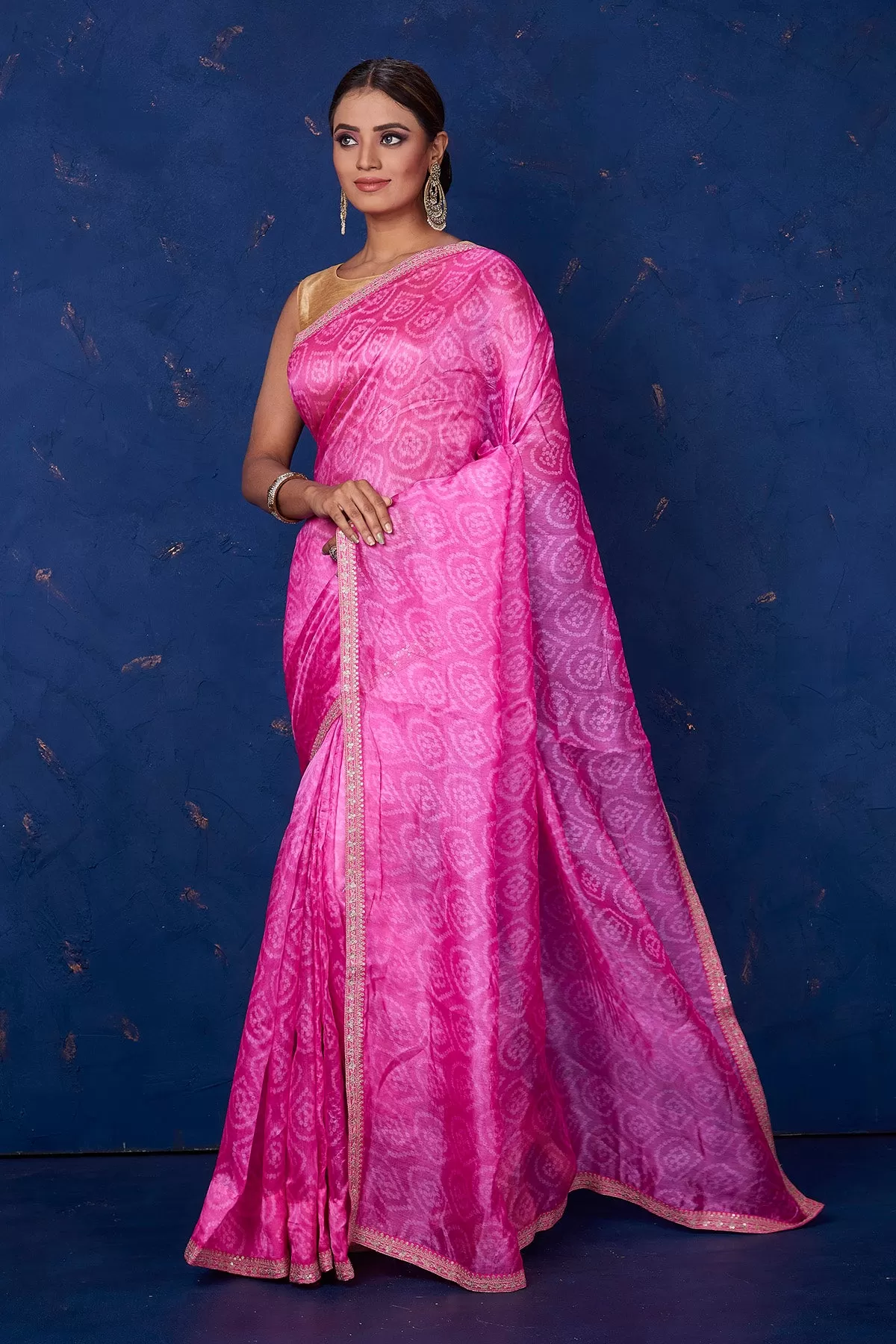 90M168 Light Pink Embroidered Bandhej Organza Saree