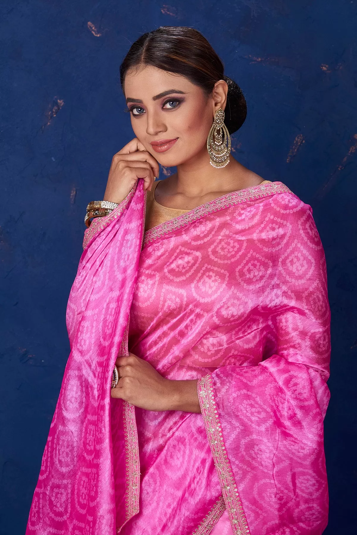 90M168 Light Pink Embroidered Bandhej Organza Saree