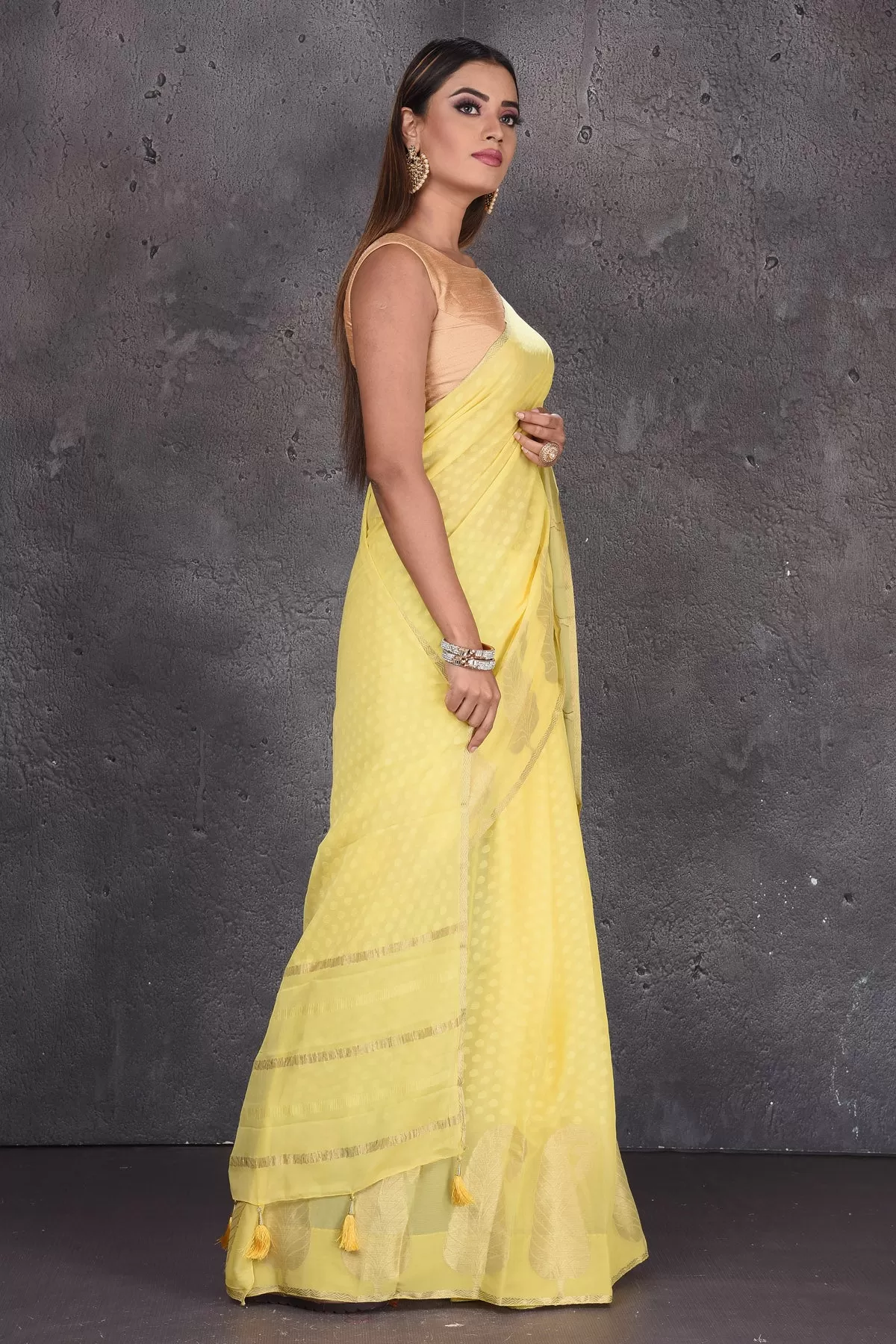 90M481 Bright Yellow Mysore Silk Saree with Zari Border