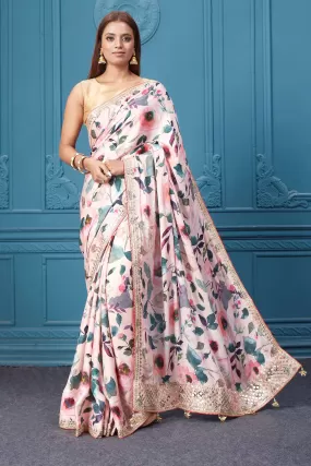 91A021 Light Pink Floral Print Crepe Silk Sari with Embroidered Border