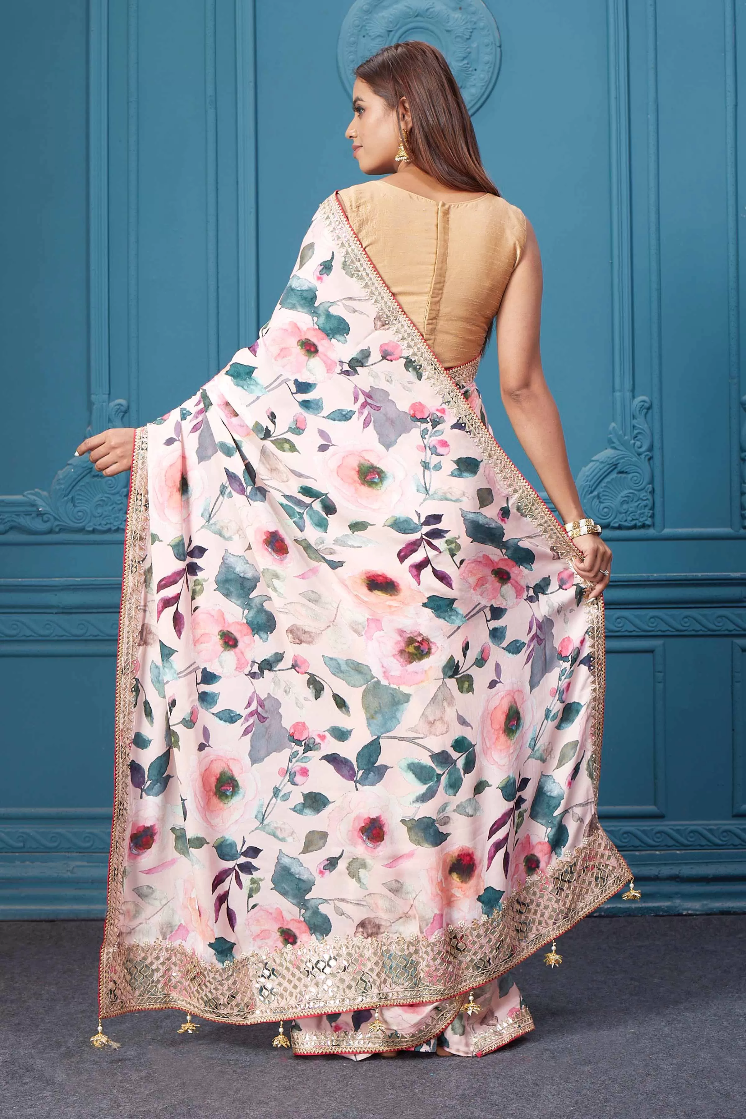 91A021 Light Pink Floral Print Crepe Silk Sari with Embroidered Border