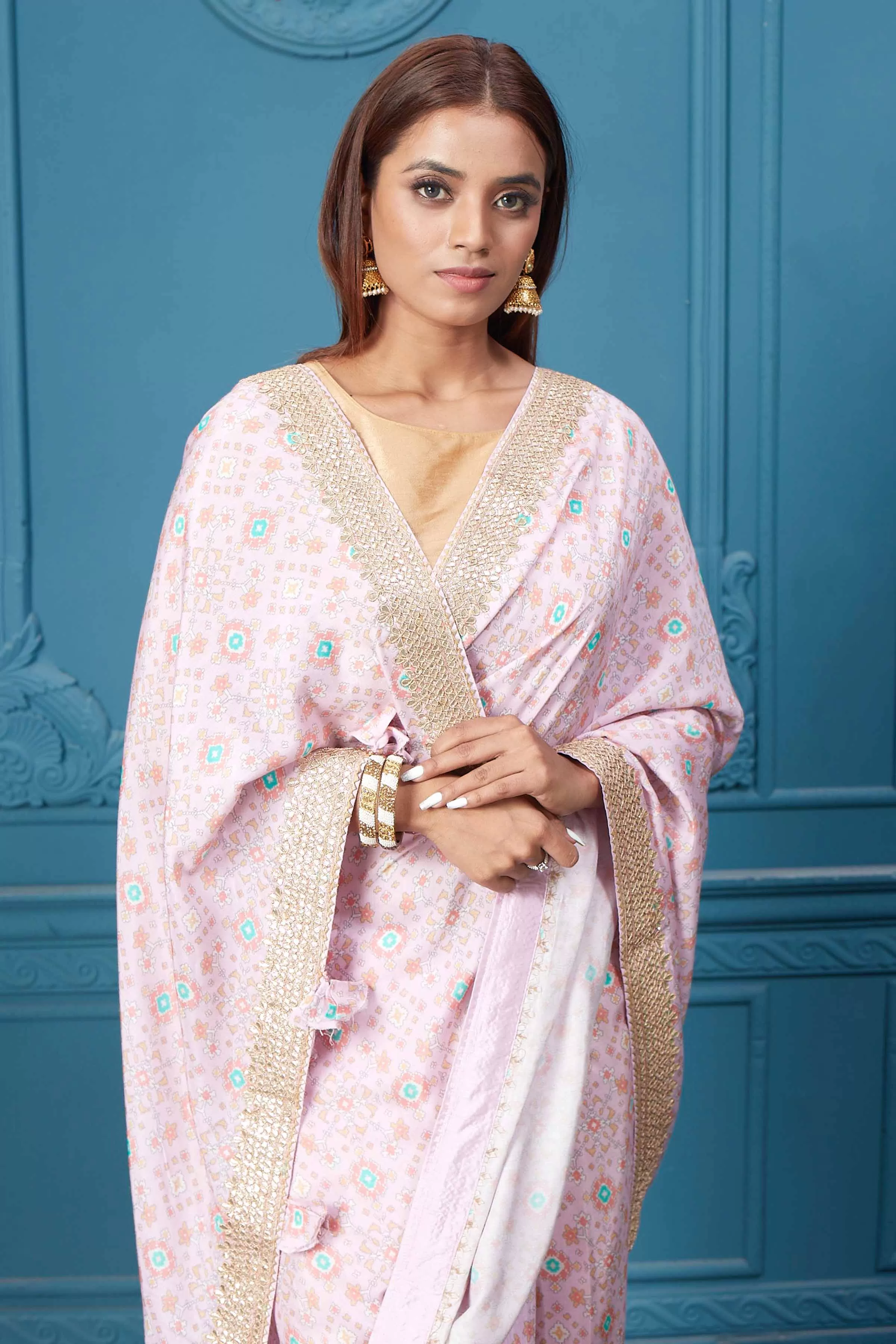 91A022 Powder Pink Printed Crepe Saree with Embroidered Border