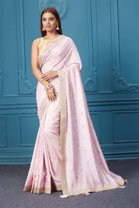 91A022 Powder Pink Printed Crepe Saree with Embroidered Border