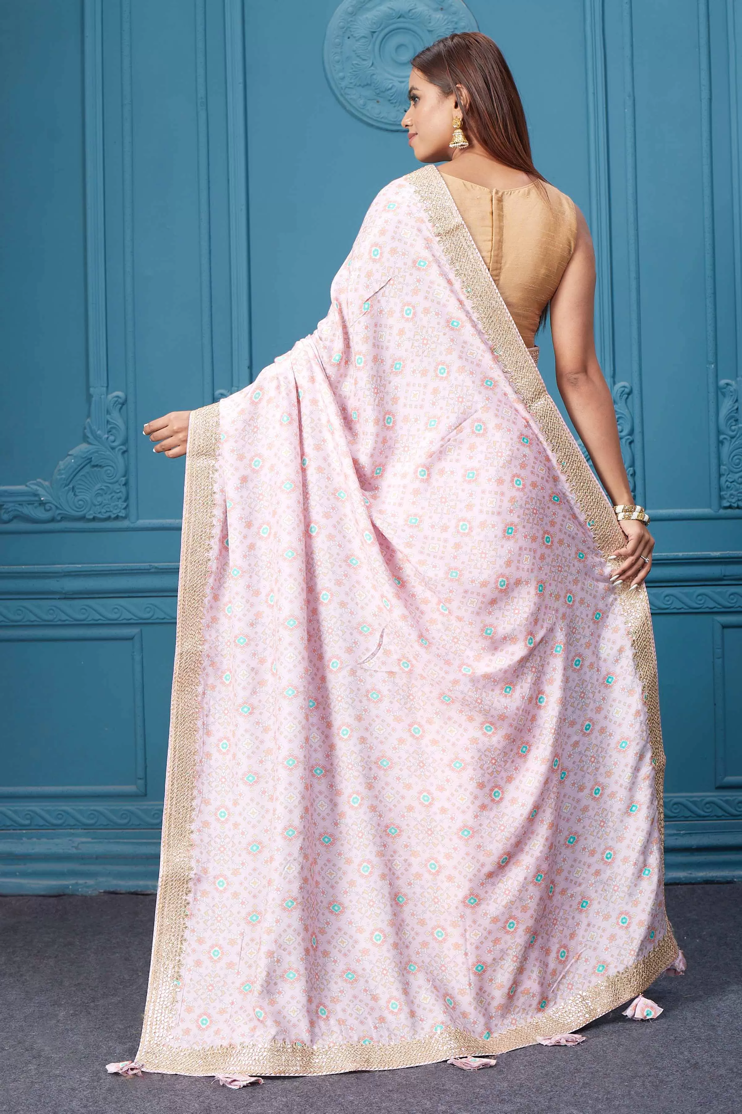 91A022 Powder Pink Printed Crepe Saree with Embroidered Border