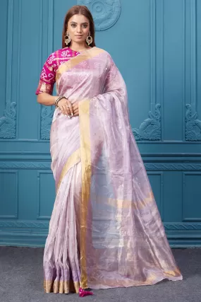 91A079 Lilac Tissue Silk Saree with Magenta Bandhej Blouse