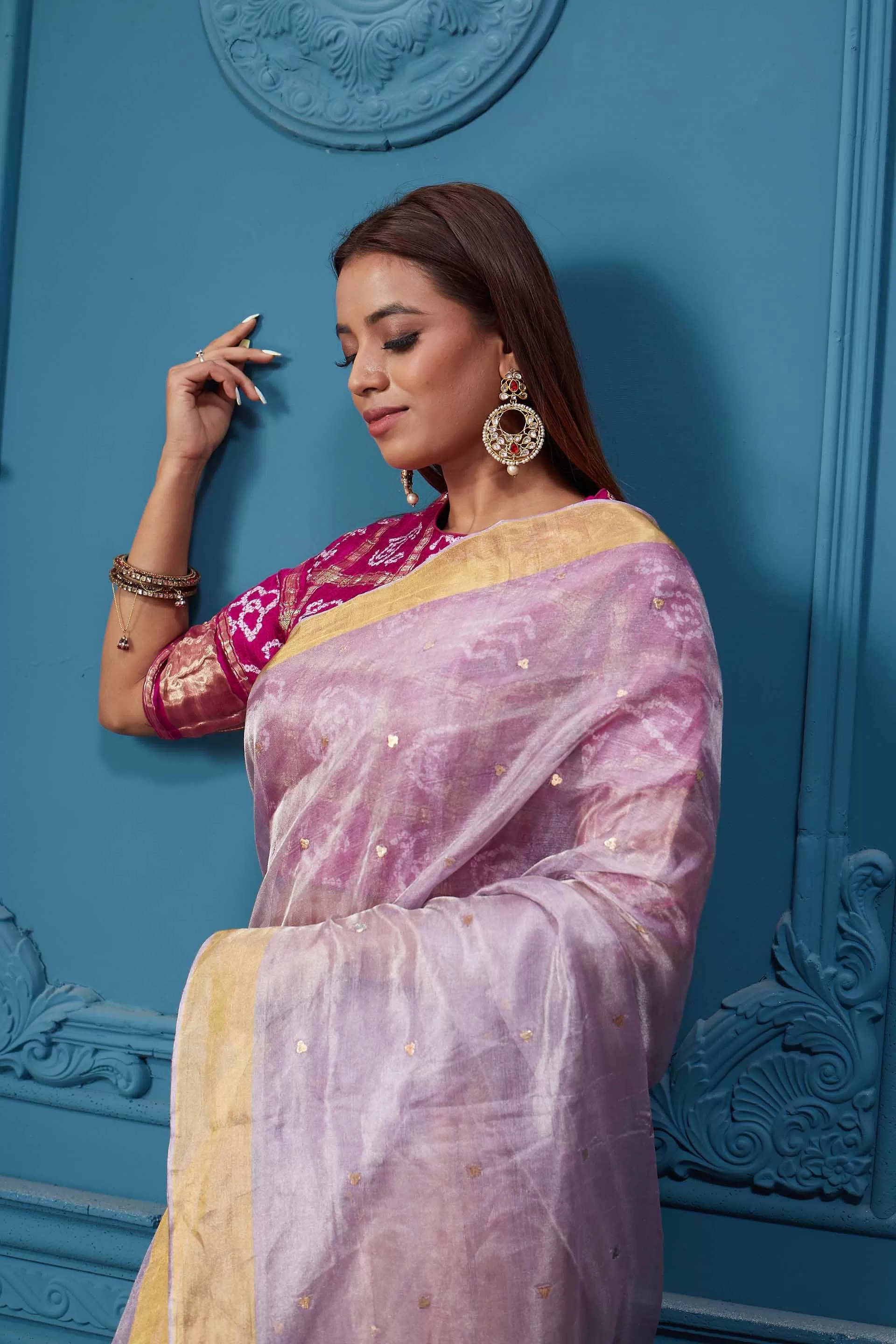 91A079 Lilac Tissue Silk Saree with Magenta Bandhej Blouse