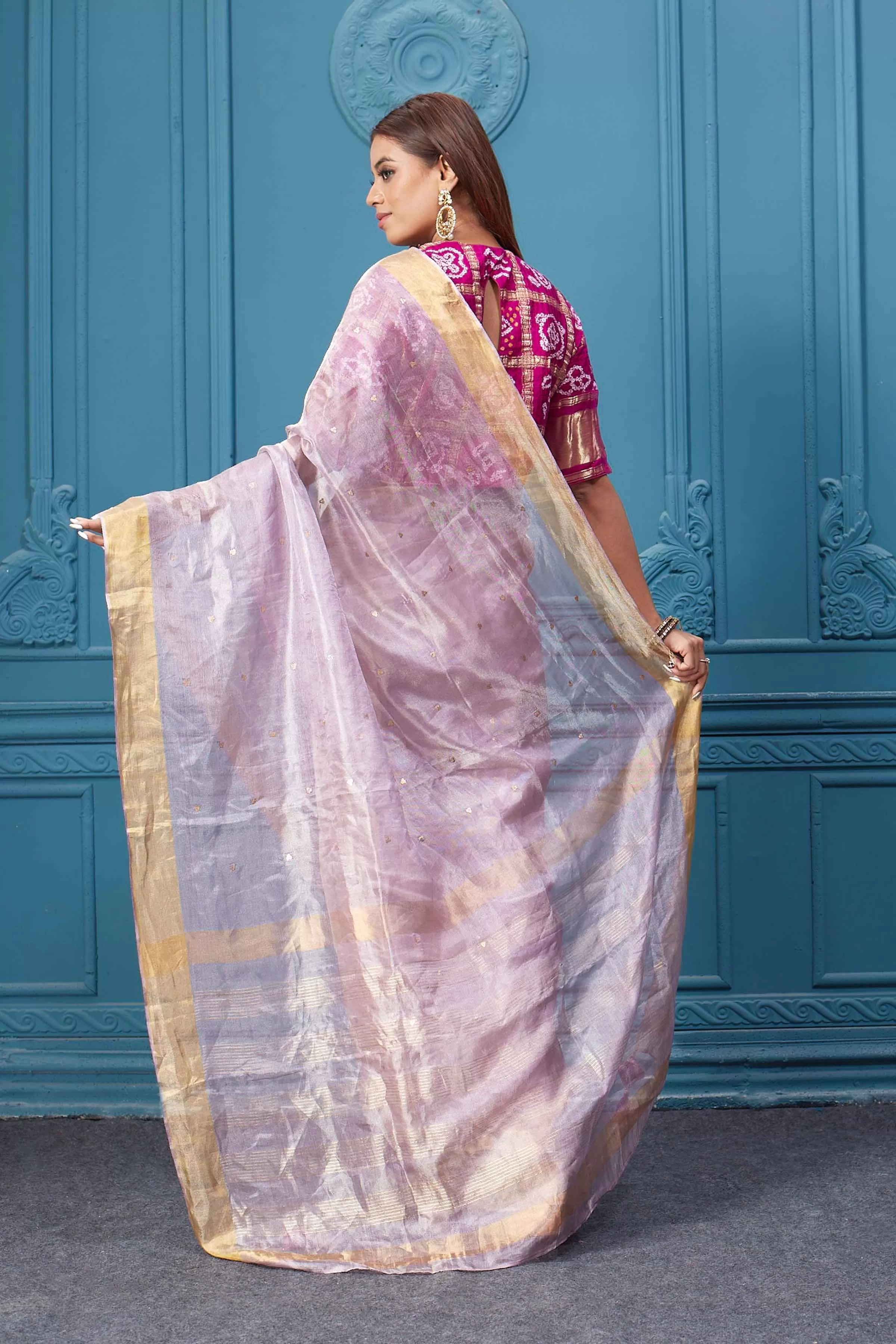 91A079 Lilac Tissue Silk Saree with Magenta Bandhej Blouse