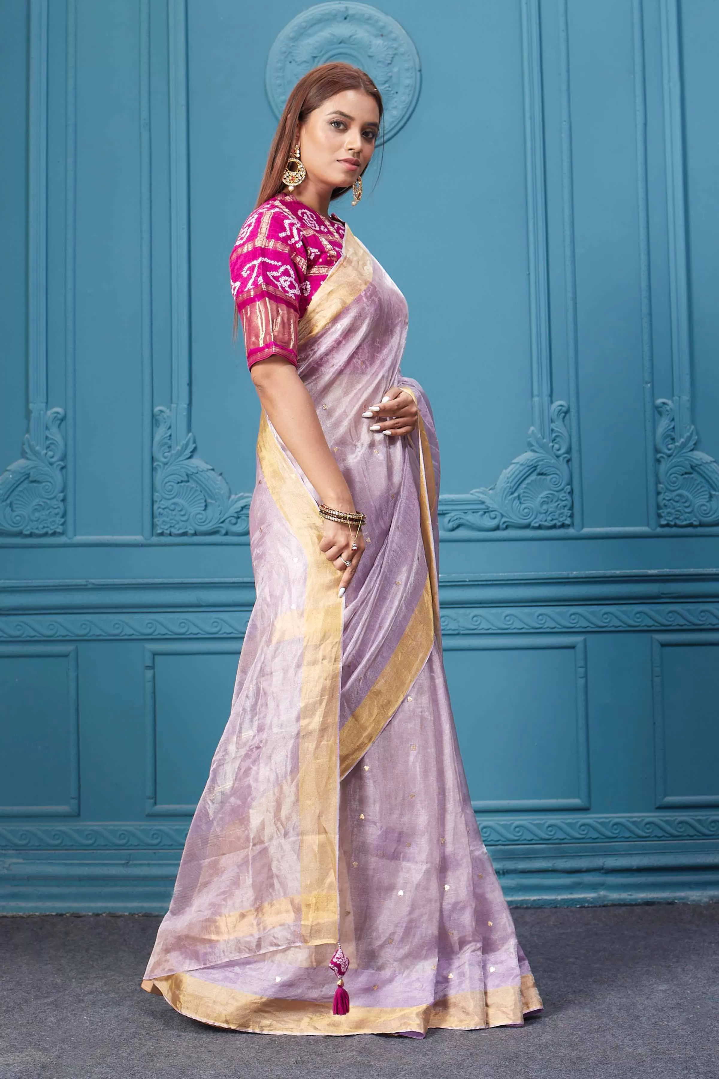 91A079 Lilac Tissue Silk Saree with Magenta Bandhej Blouse