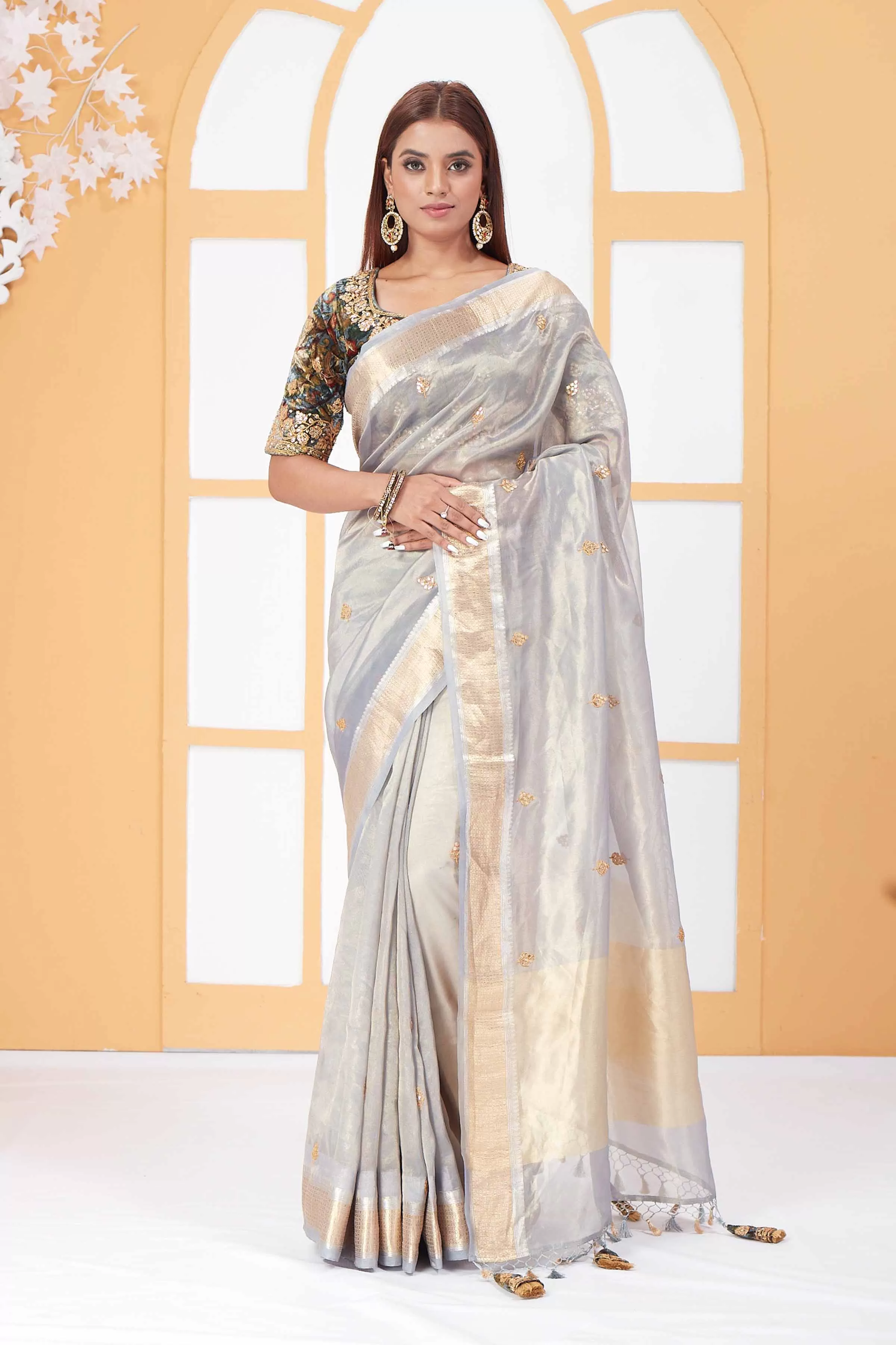 91A081 Powder Blue Tissue Banarasi Saree with Velvet Blouse