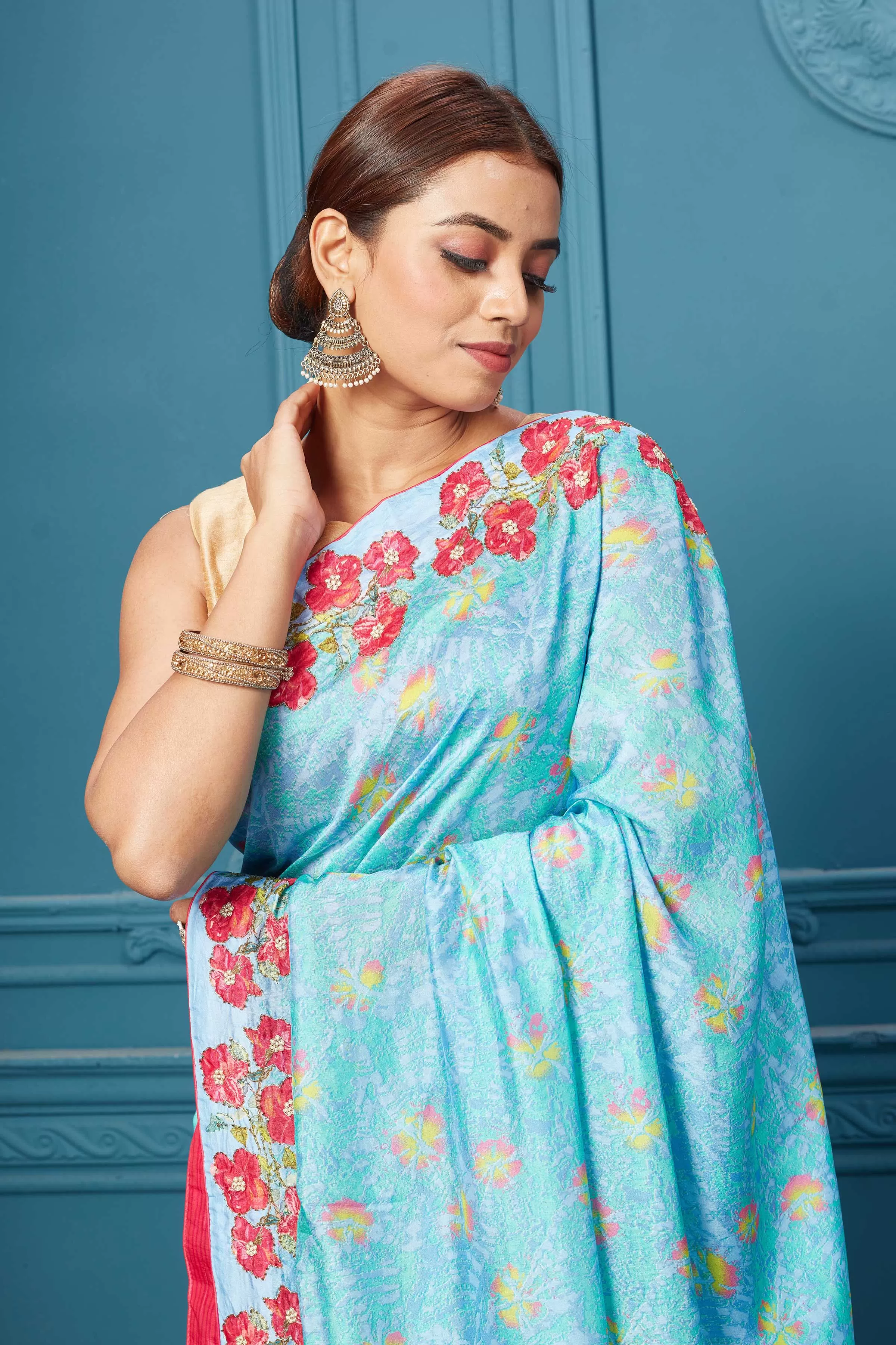 91A096 Light Blue Saree With Floral Border