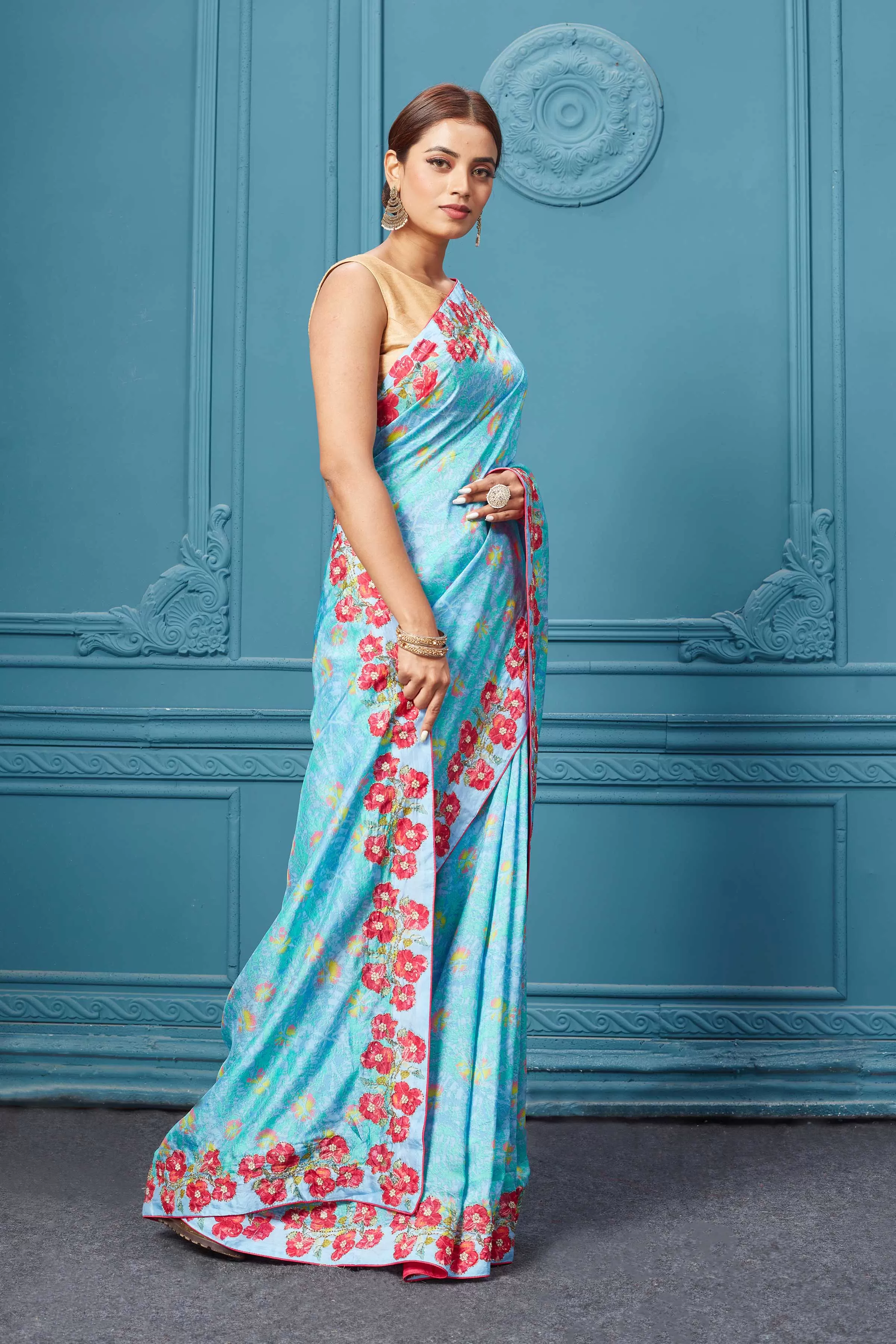 91A096 Light Blue Saree With Floral Border