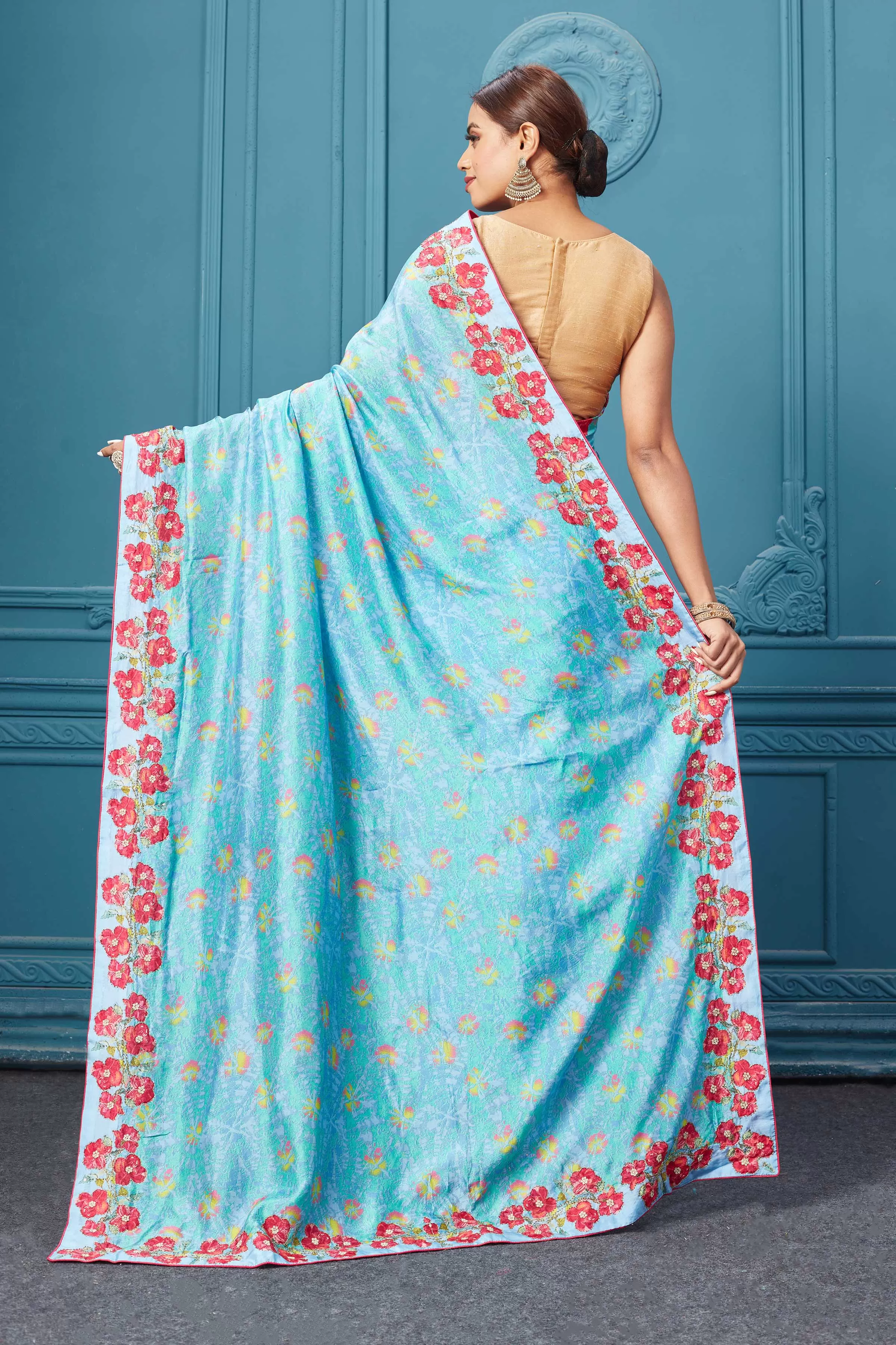 91A096 Light Blue Saree With Floral Border