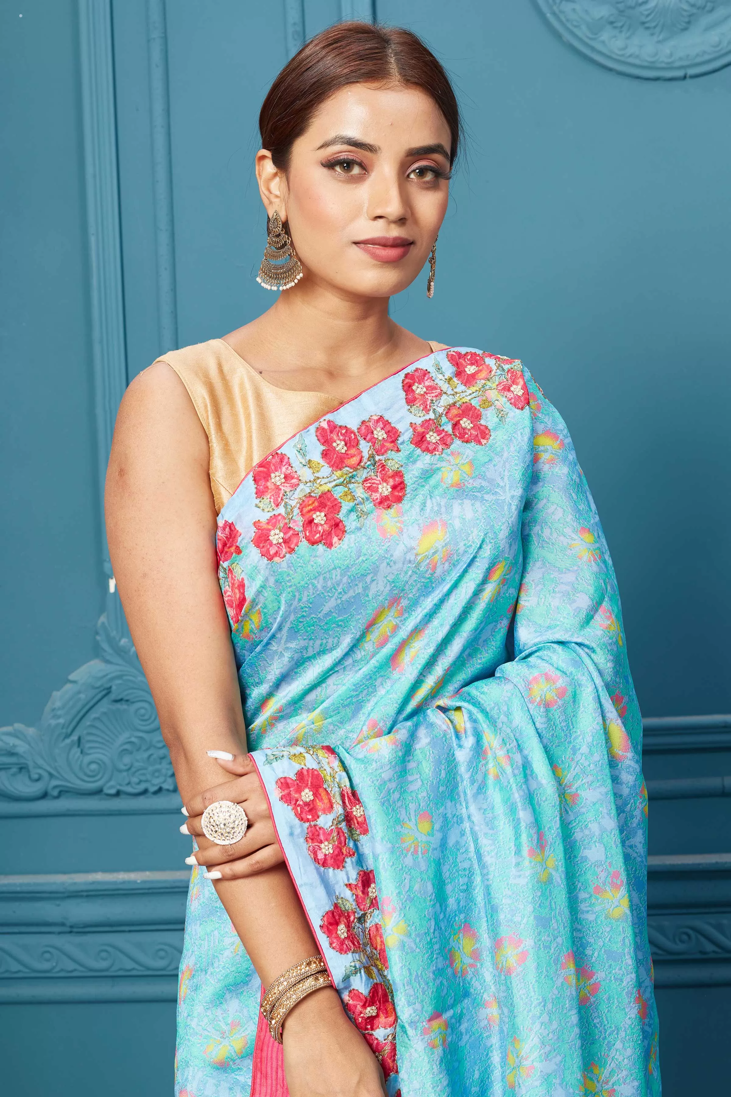 91A096 Light Blue Saree With Floral Border