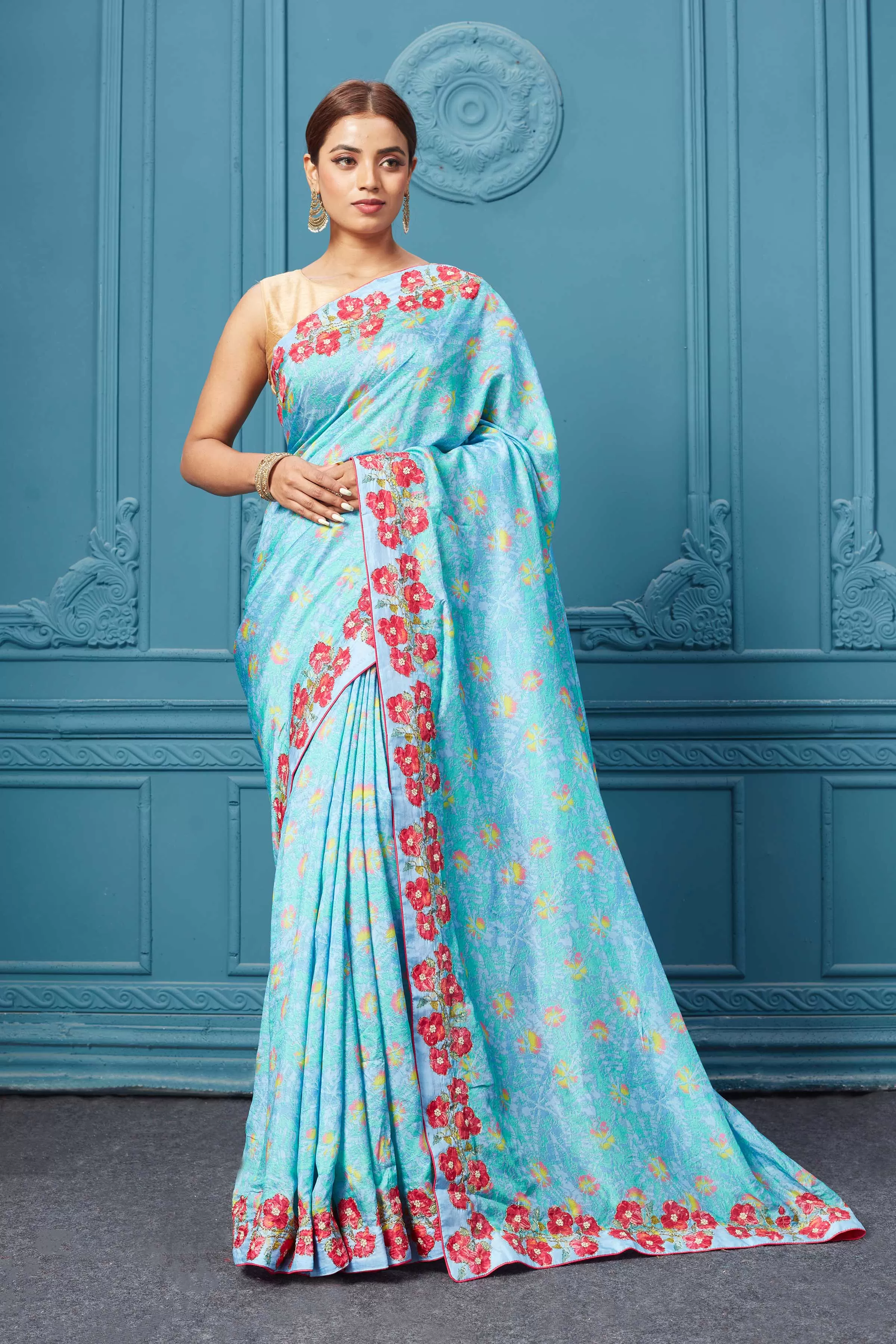 91A096 Light Blue Saree With Floral Border