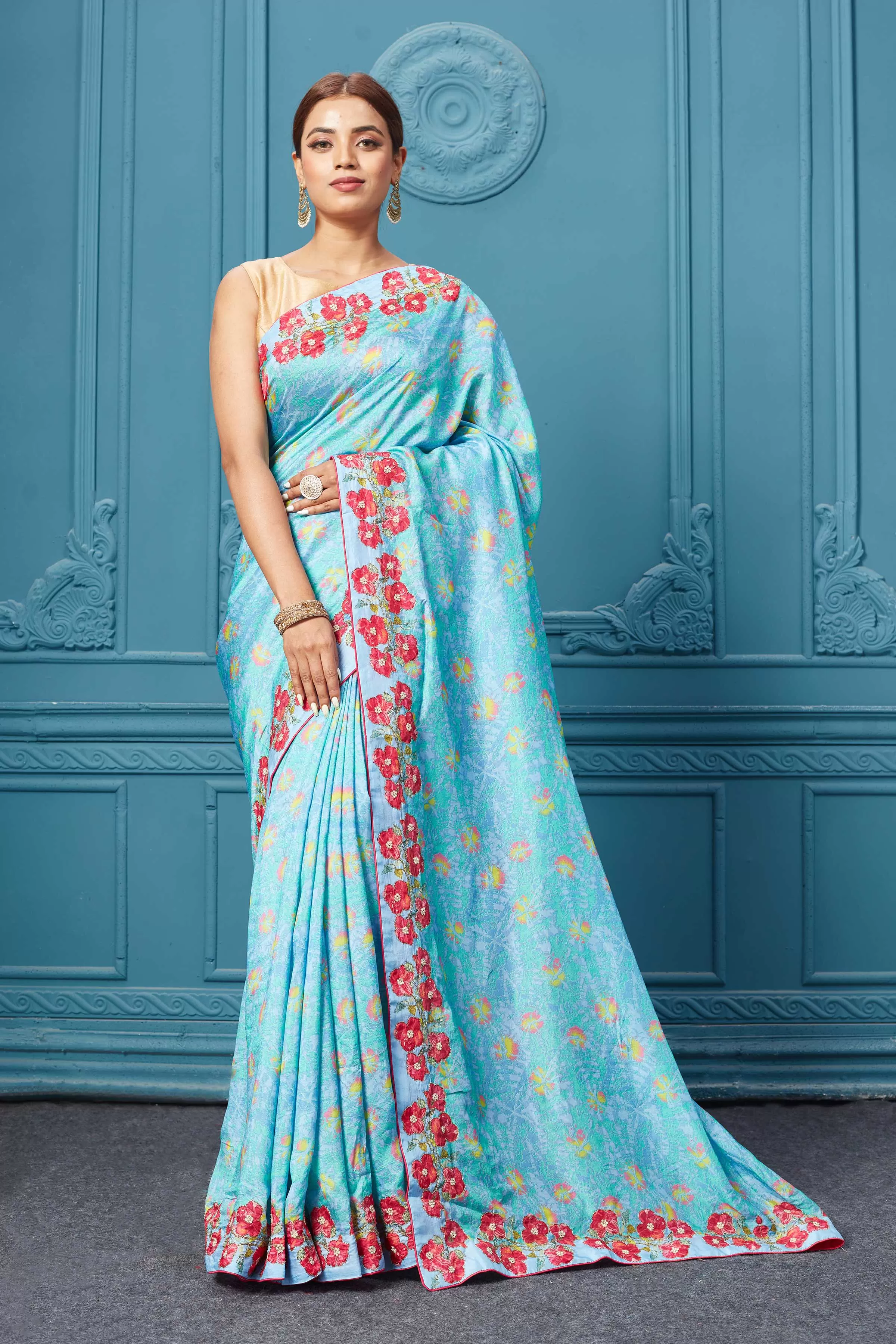 91A096 Light Blue Saree With Floral Border