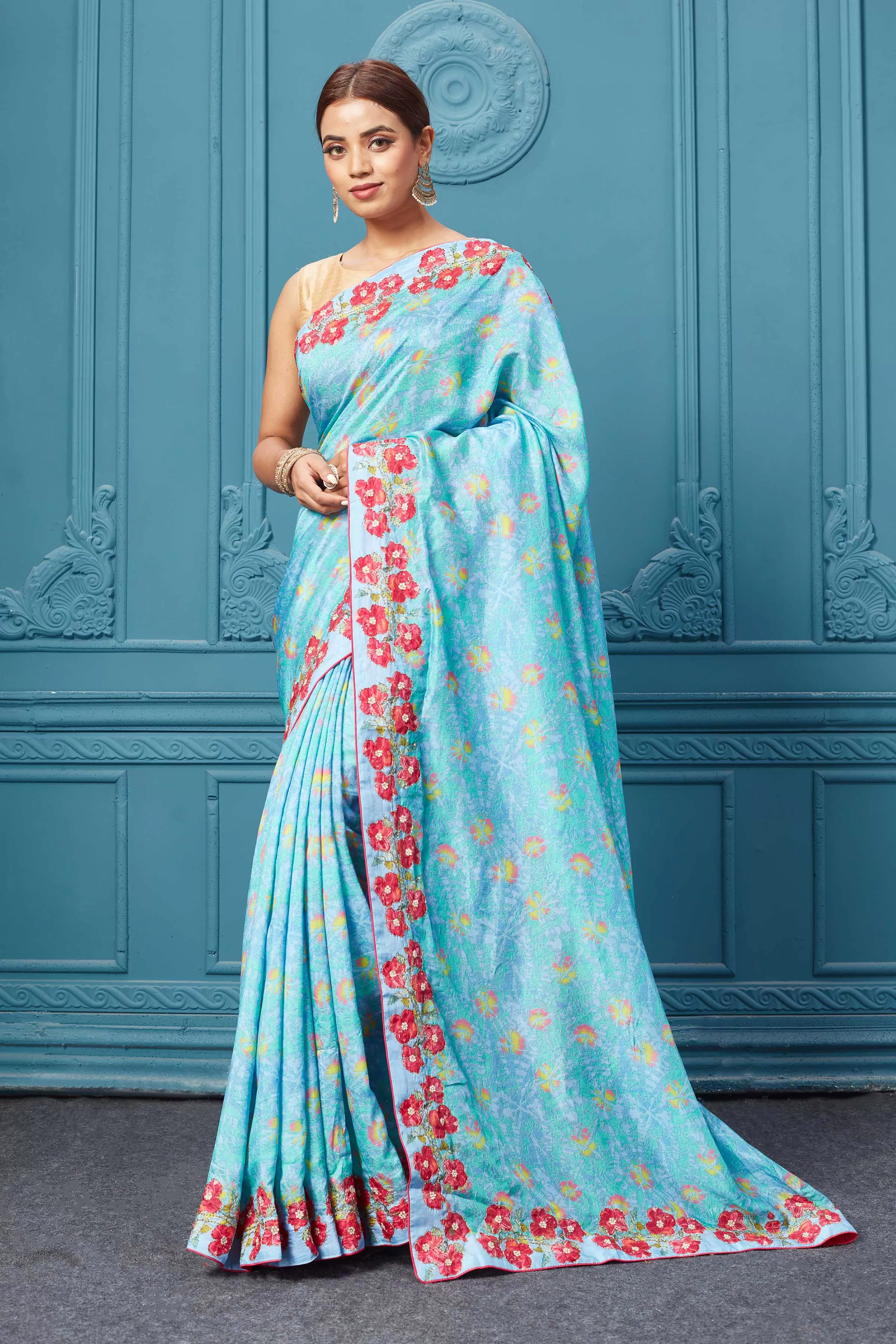 91A096 Light Blue Saree With Floral Border