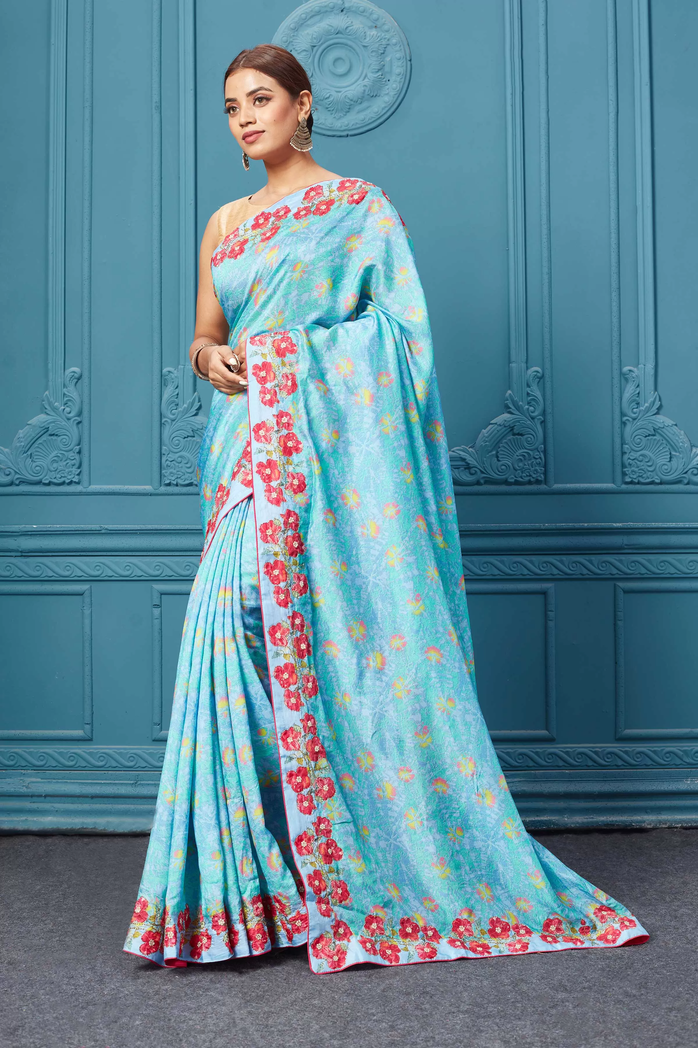 91A096 Light Blue Saree With Floral Border