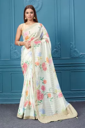 91A107 Mint Green Floral Georgette Saree with Saree Blouse