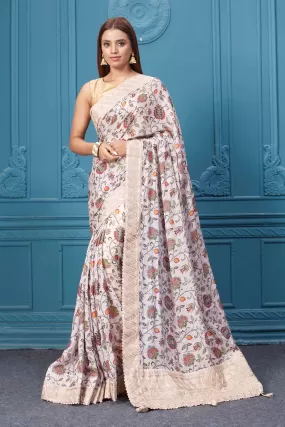 91A108 Powder Pink Floral Crepe Silk Saree with Blouse