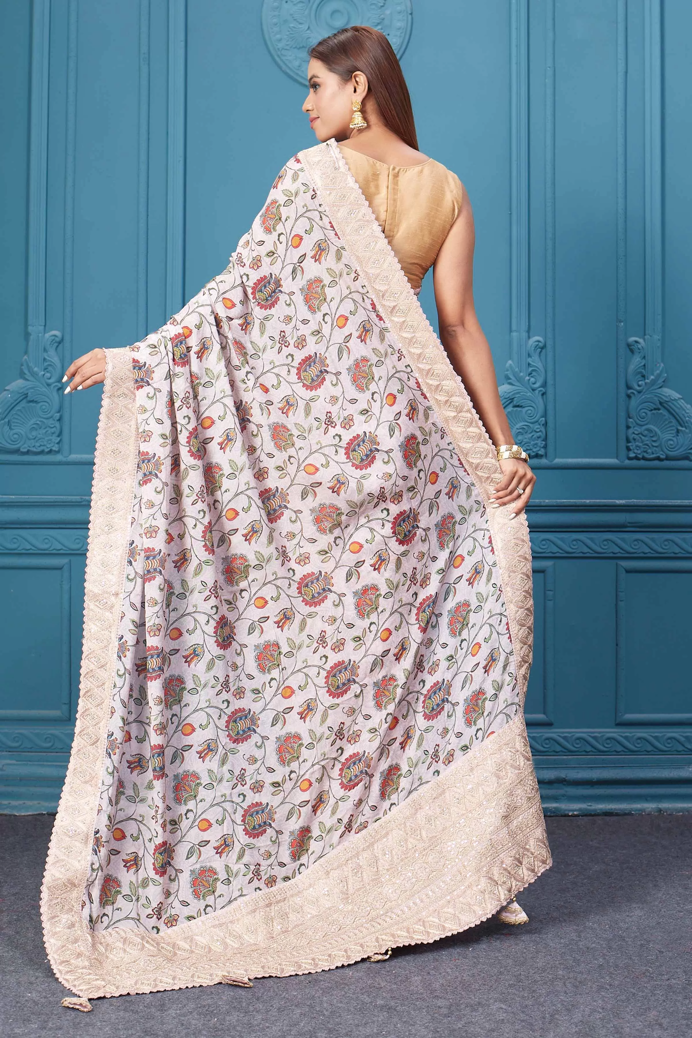 91A108 Powder Pink Floral Crepe Silk Saree with Blouse