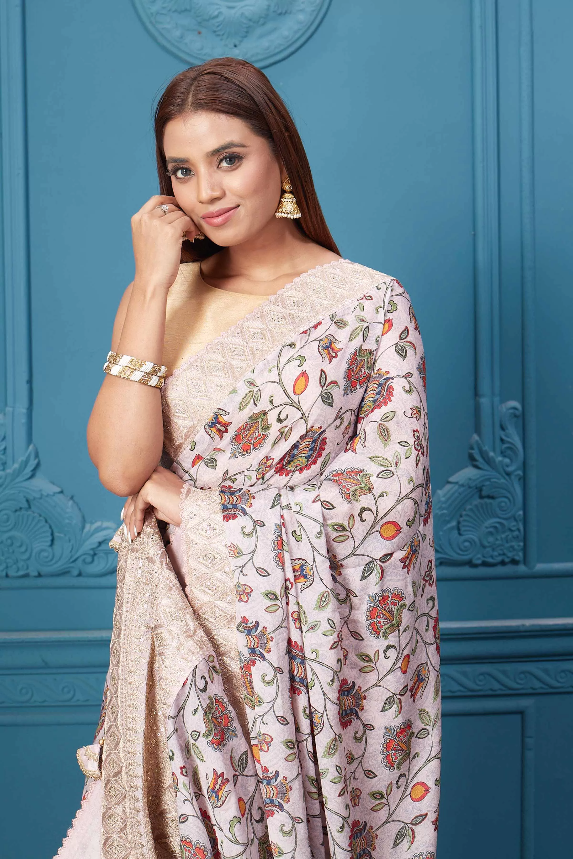 91A108 Powder Pink Floral Crepe Silk Saree with Blouse