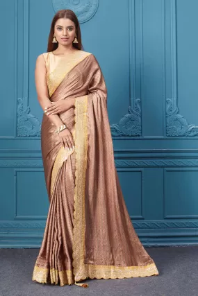 91A113 Brown Printed Crepe Silk Sari with Yellow Scalloped Border