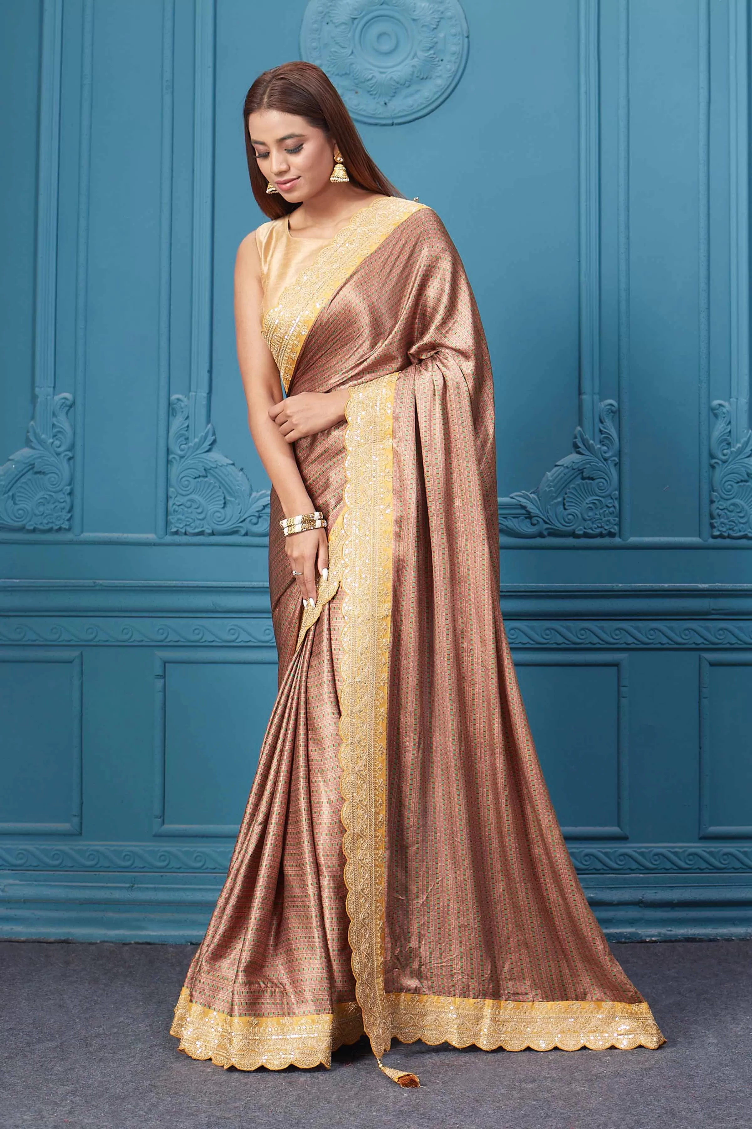 91A113 Brown Printed Crepe Silk Sari with Yellow Scalloped Border