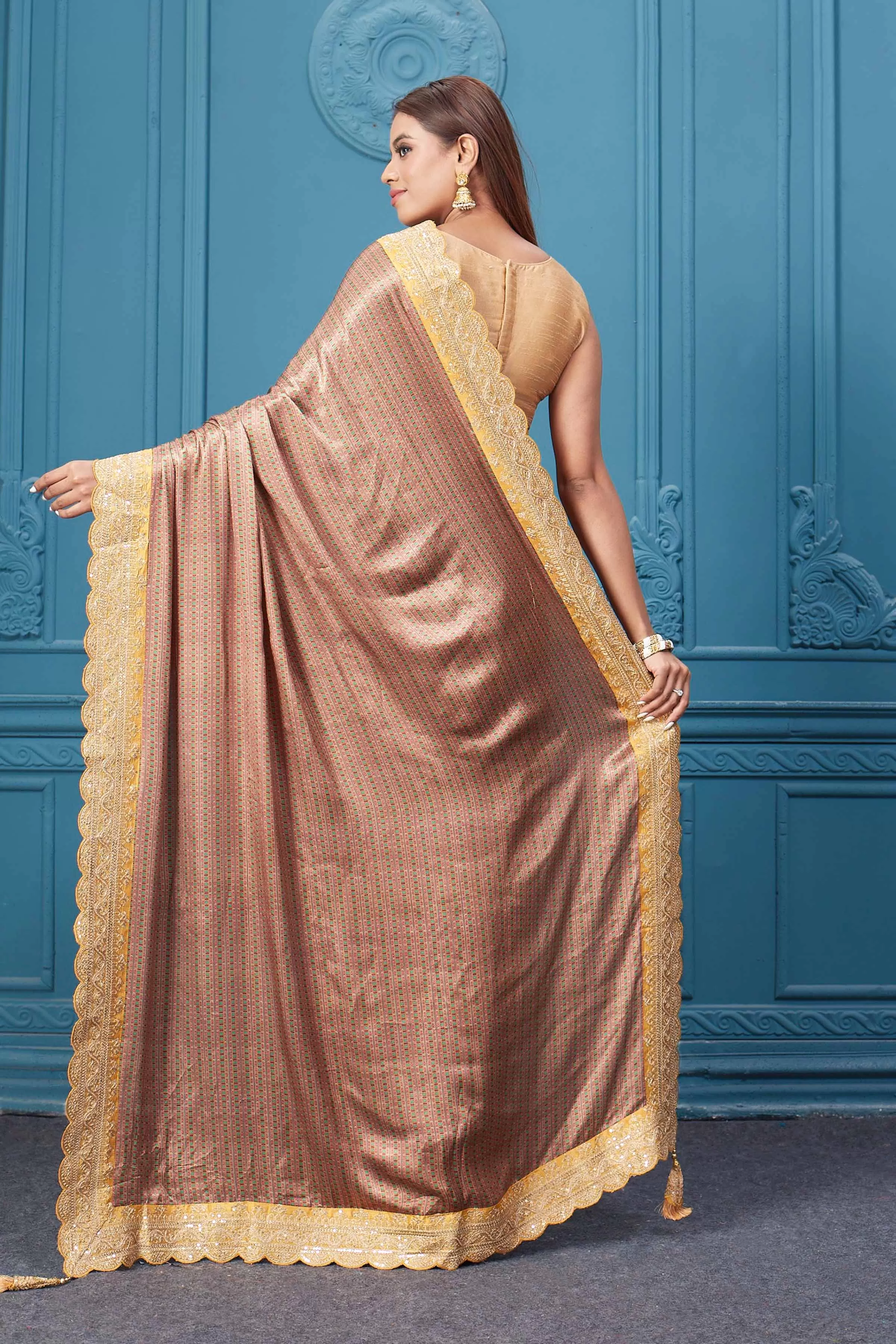 91A113 Brown Printed Crepe Silk Sari with Yellow Scalloped Border