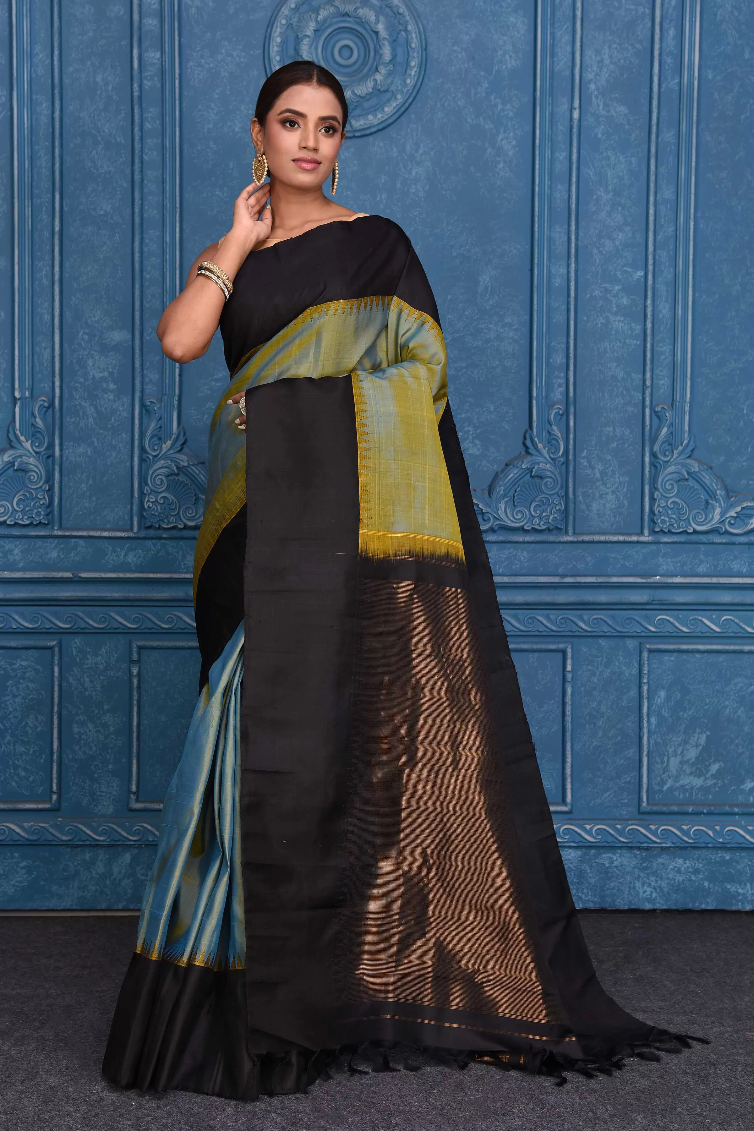 91A136 greenish grey Kanjivaram Gadhwal Silk Sari with Plain Black Border