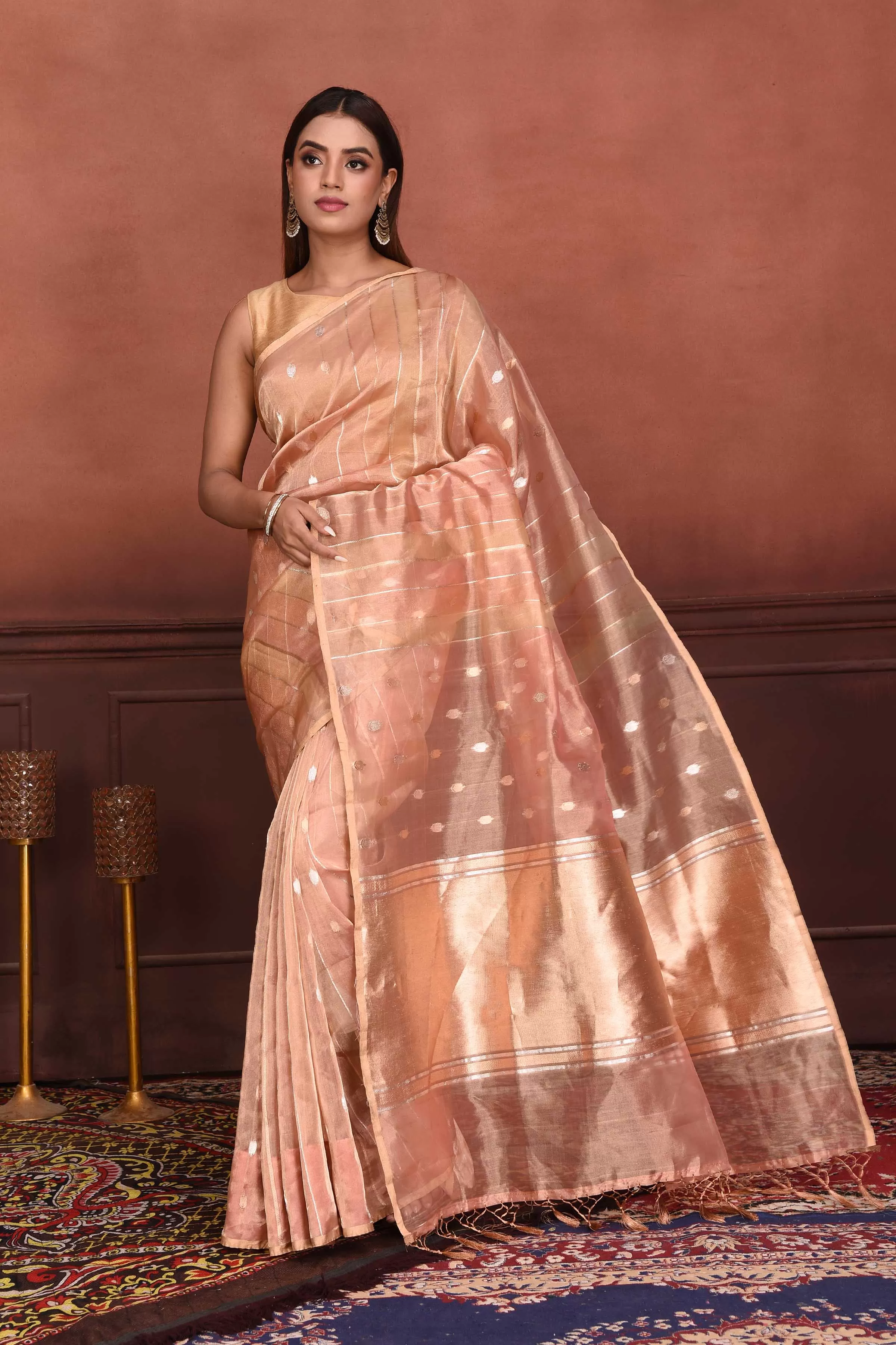 91A148 Peach Zari Stripes Organza Banarasi Sari with Buta