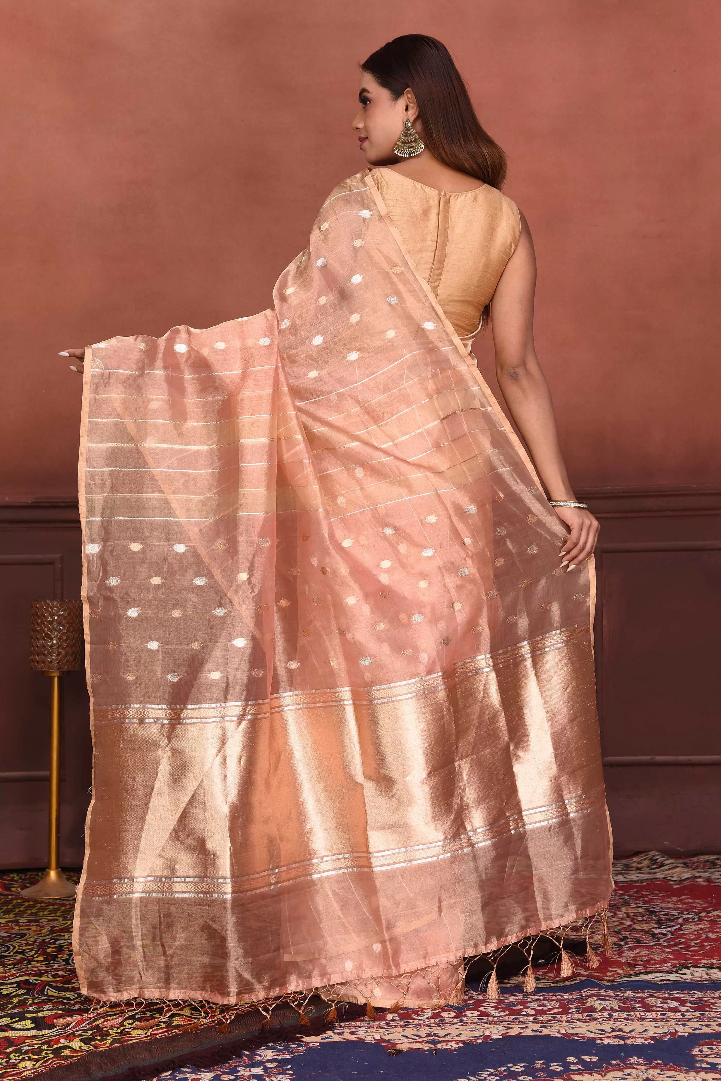 91A148 Peach Zari Stripes Organza Banarasi Sari with Buta