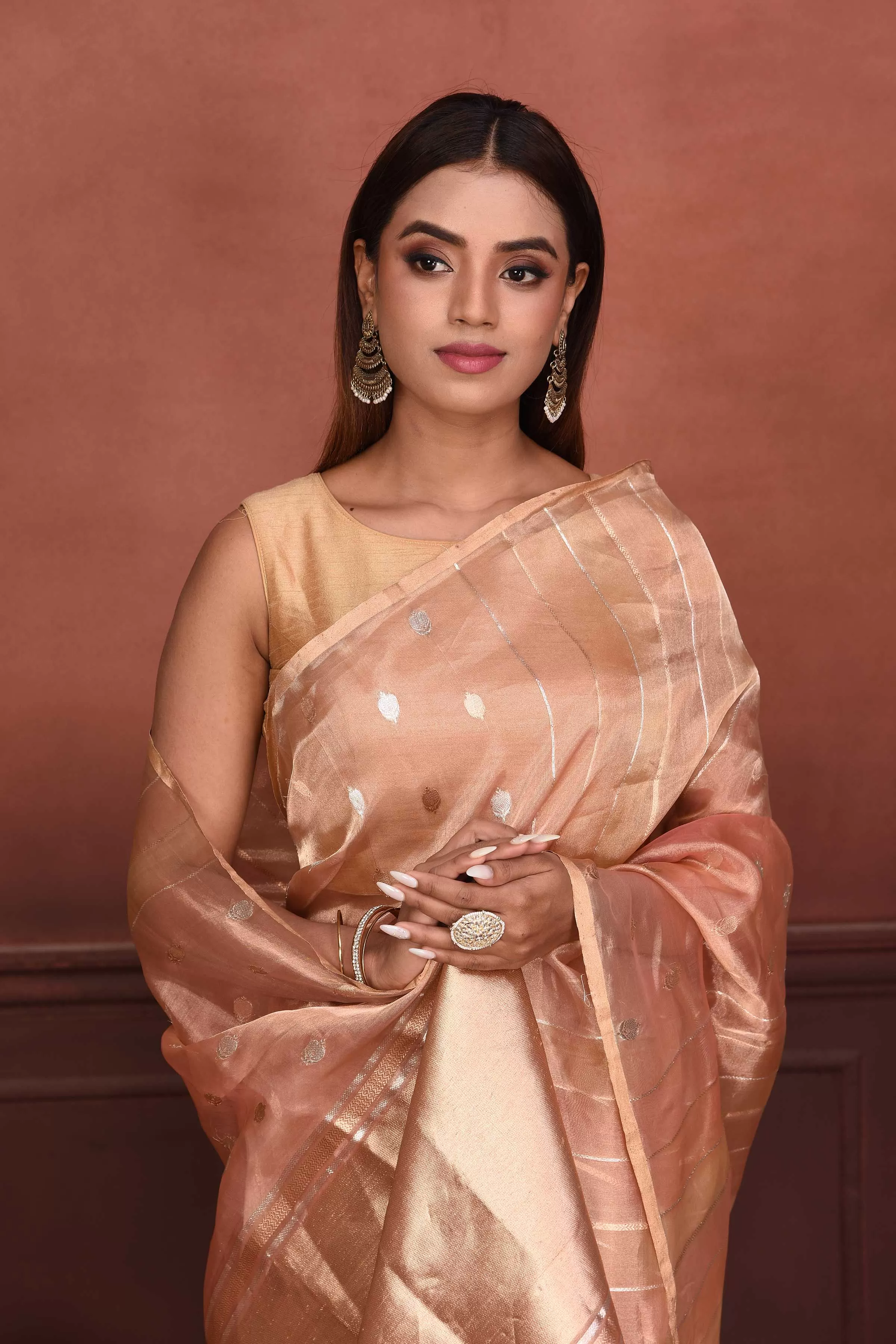 91A148 Peach Zari Stripes Organza Banarasi Sari with Buta