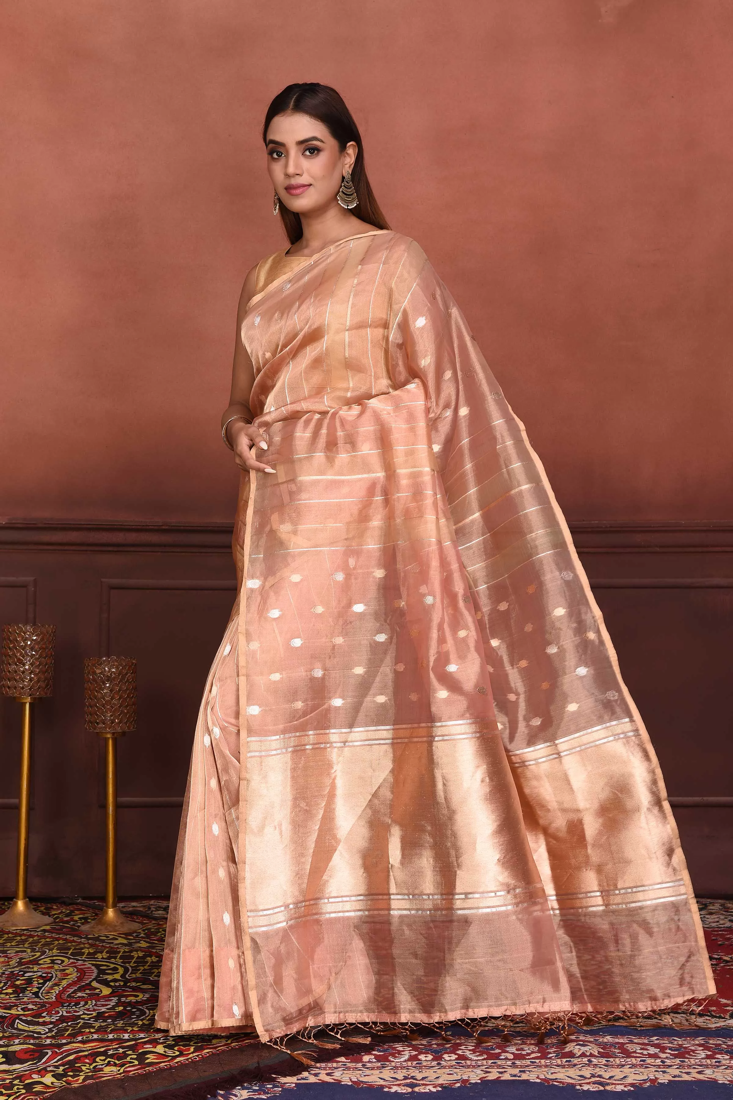 91A148 Peach Zari Stripes Organza Banarasi Sari with Buta