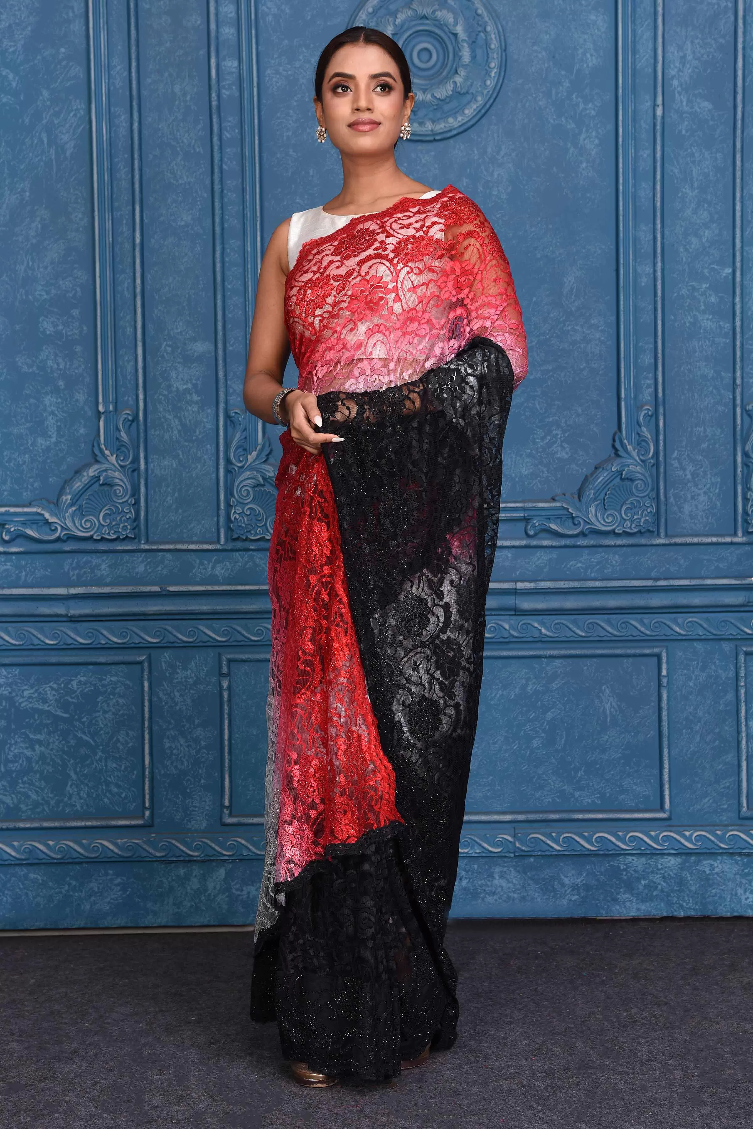 91A199 Red and Black Designer Lace Saree