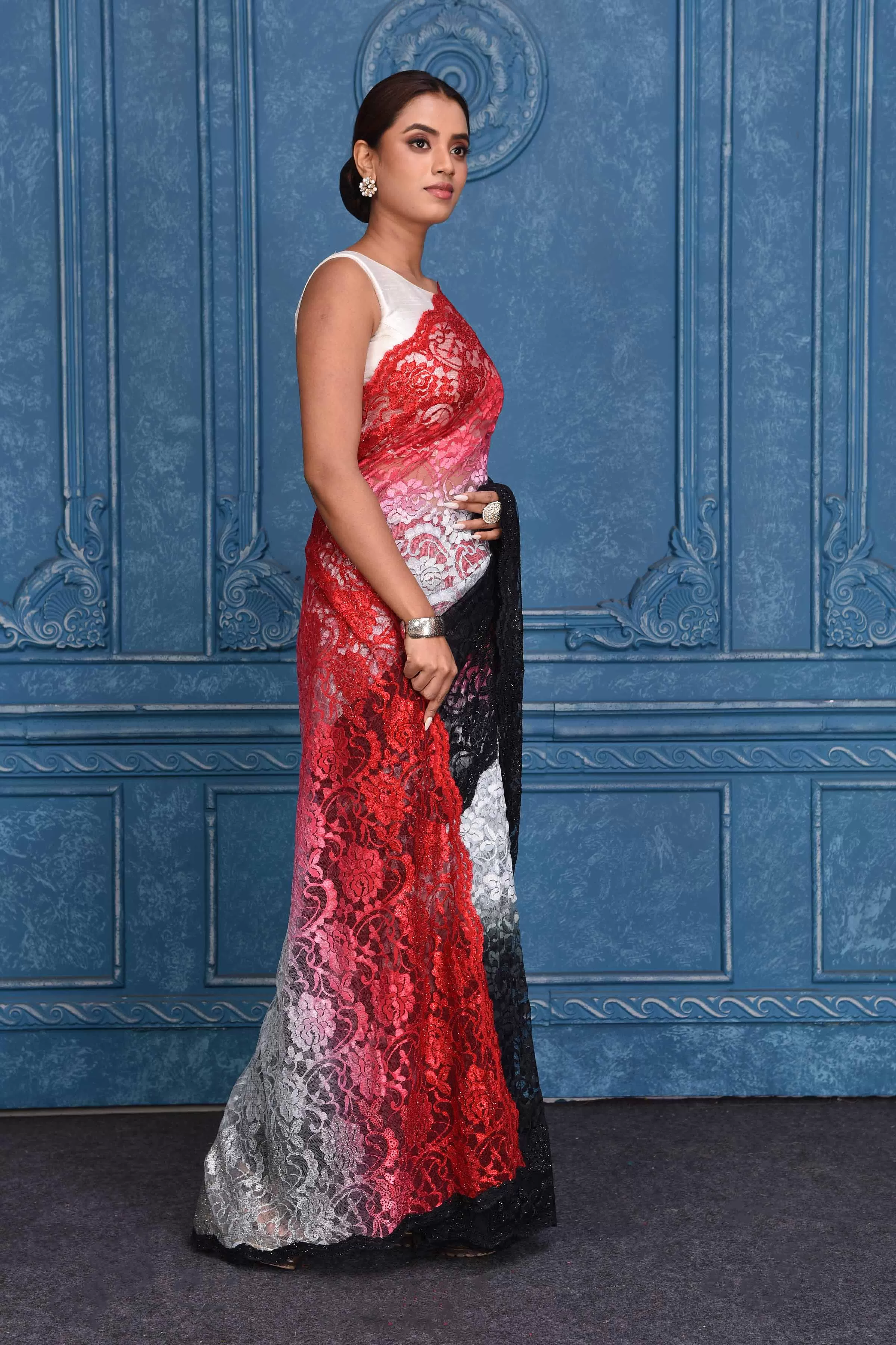 91A199 Red and Black Designer Lace Saree