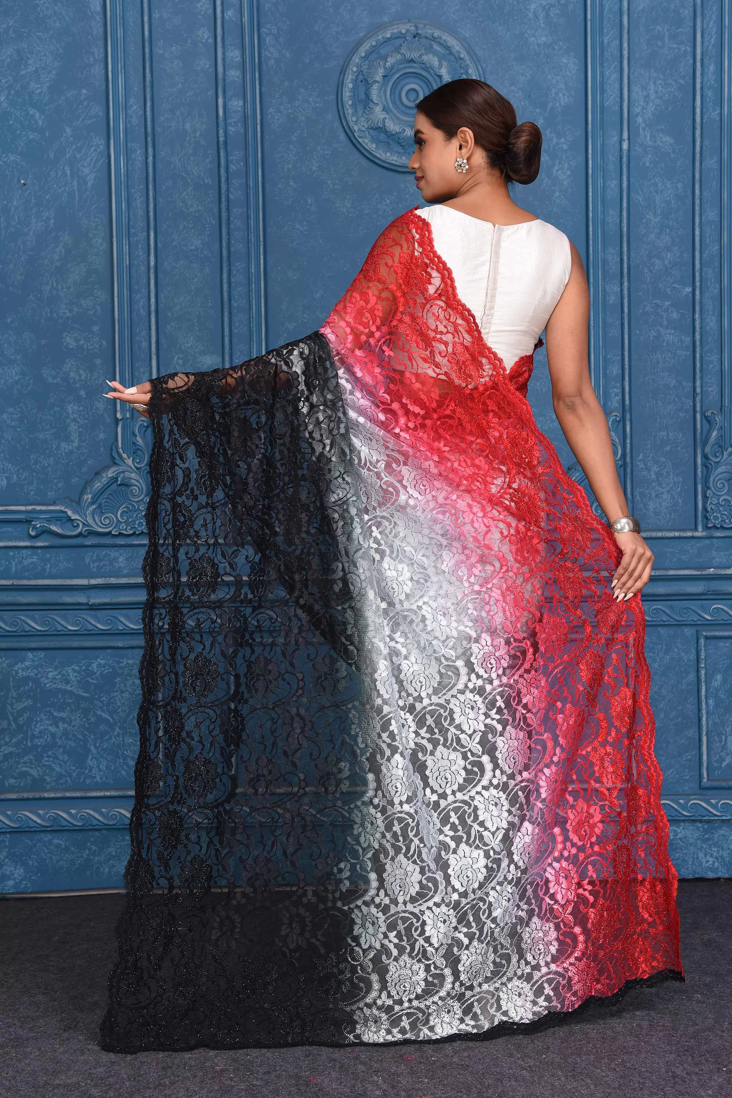 91A199 Red and Black Designer Lace Saree