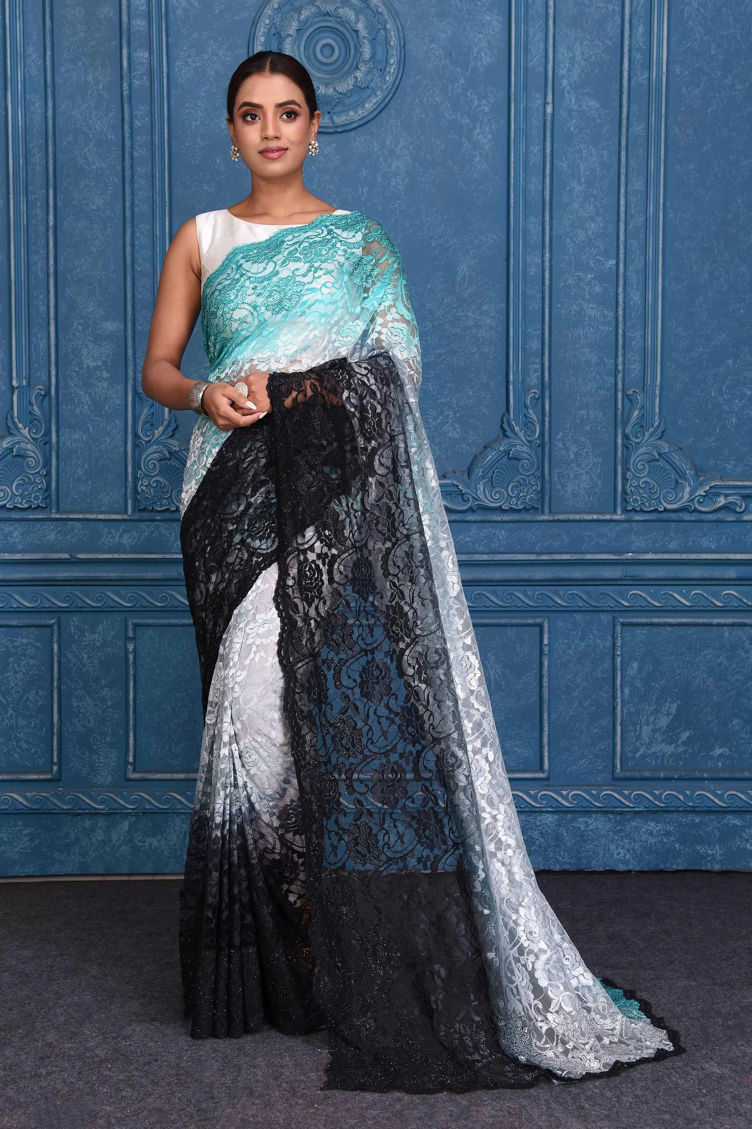 91A200 Ombre Green and Black Designer Lace Saree