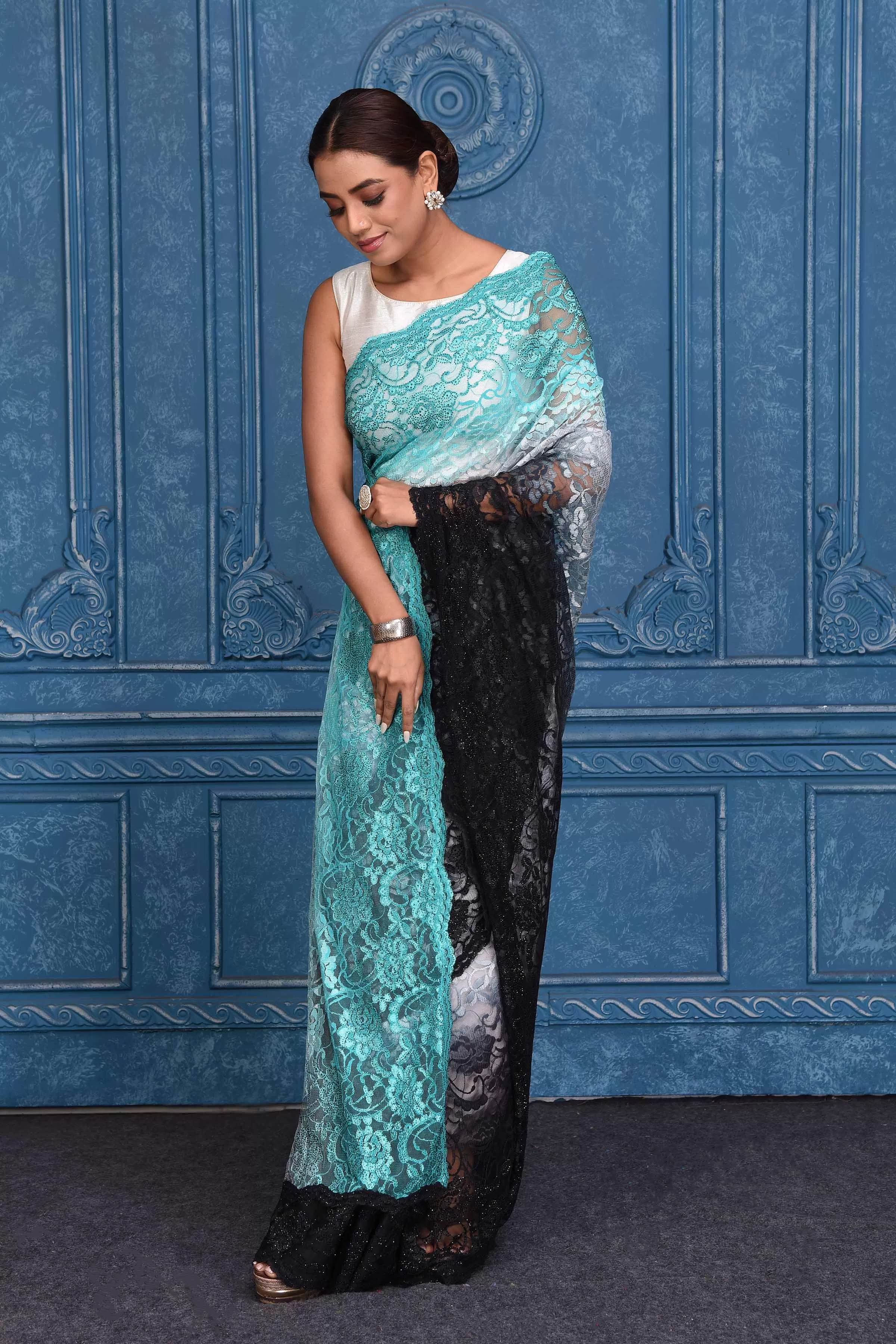 91A201 Ombre Light Blue Designer Lace Sari